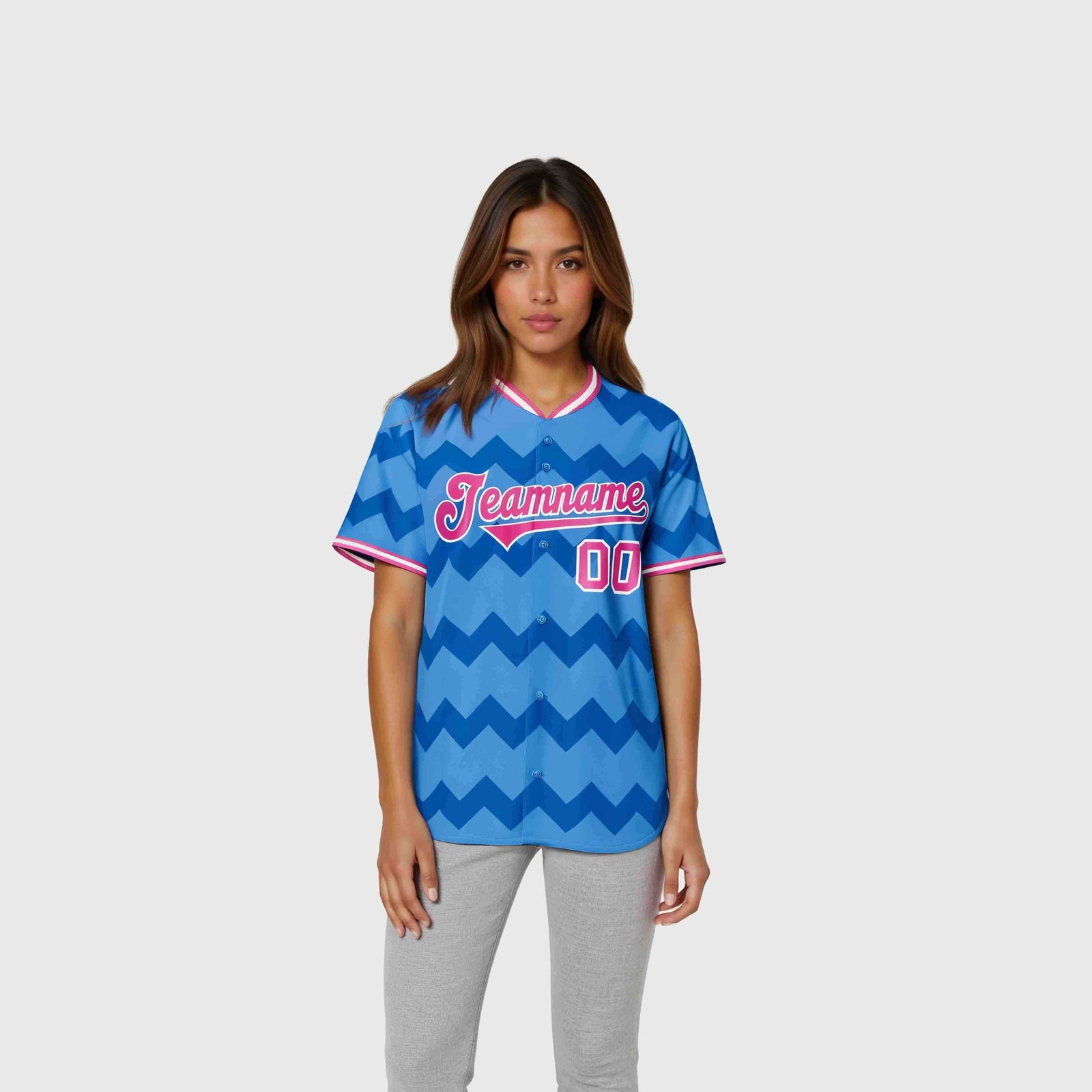 Custom Powder Blue Pink White Authentic Corrugated Fashion Baseball Jersey