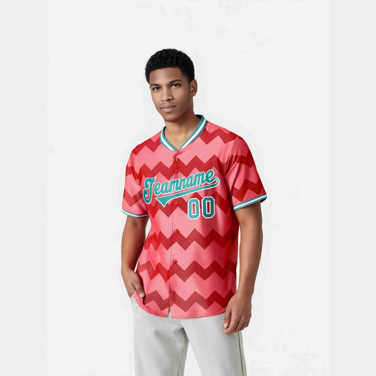 Custom Light Red Aqua White Authentic Corrugated Fashion Baseball Jersey