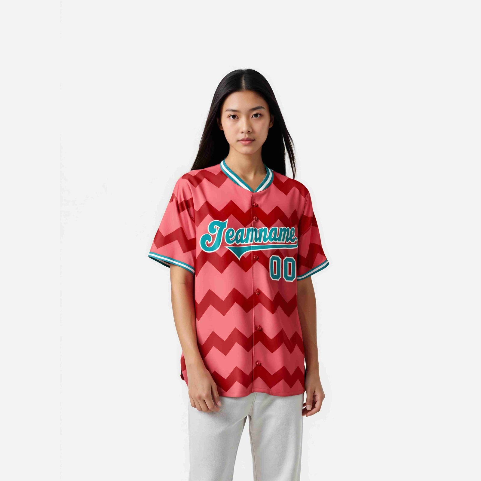 Custom Light Red Aqua White Authentic Corrugated Fashion Baseball Jersey