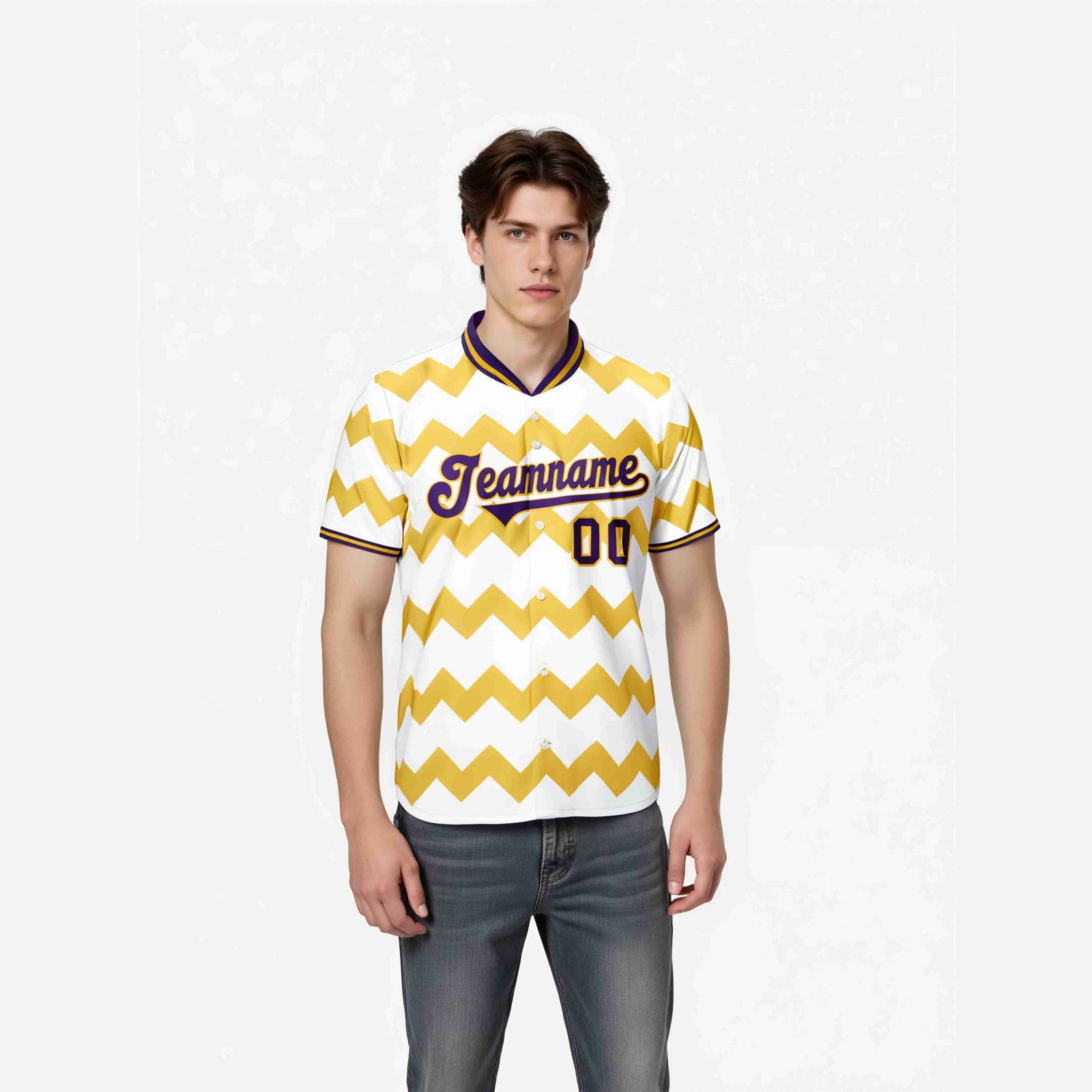 Custom White Purple Gold Authentic Corrugated Fashion Baseball Jersey