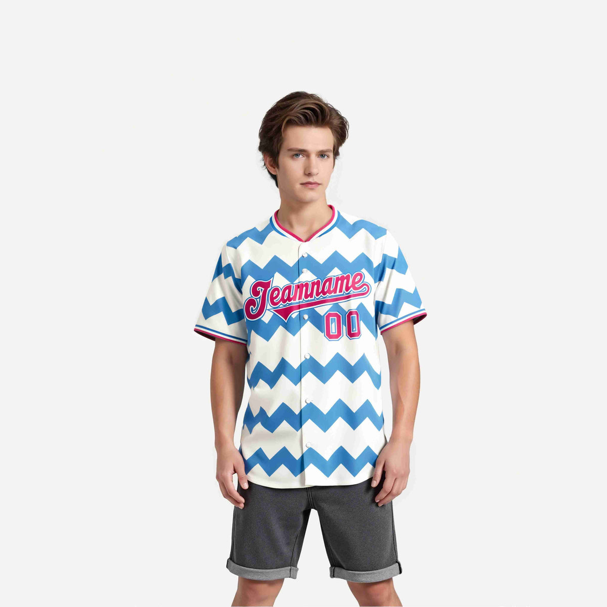 Custom White Powder Blue Pink Authentic Corrugated Fashion Baseball Jersey