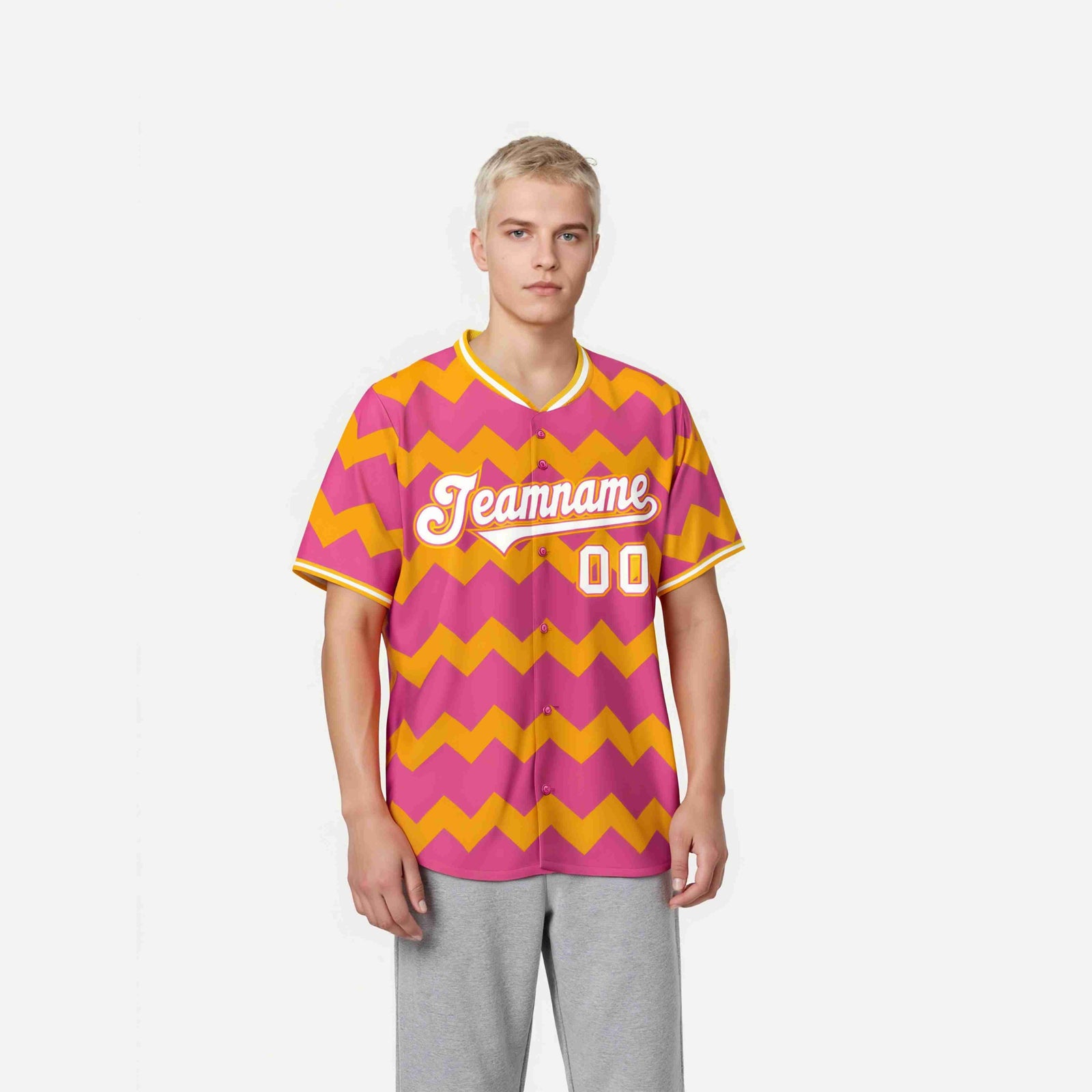 Custom Pink Gold White Authentic Corrugated Fashion Baseball Jersey