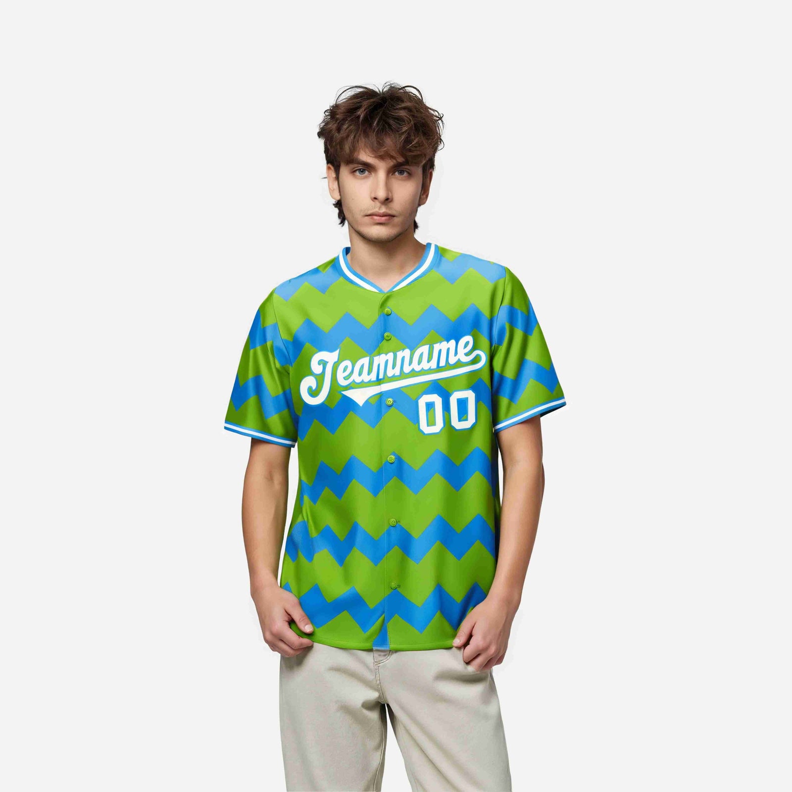 Custom Neon Green Powder Blue White Authentic Corrugated Fashion Baseball Jersey