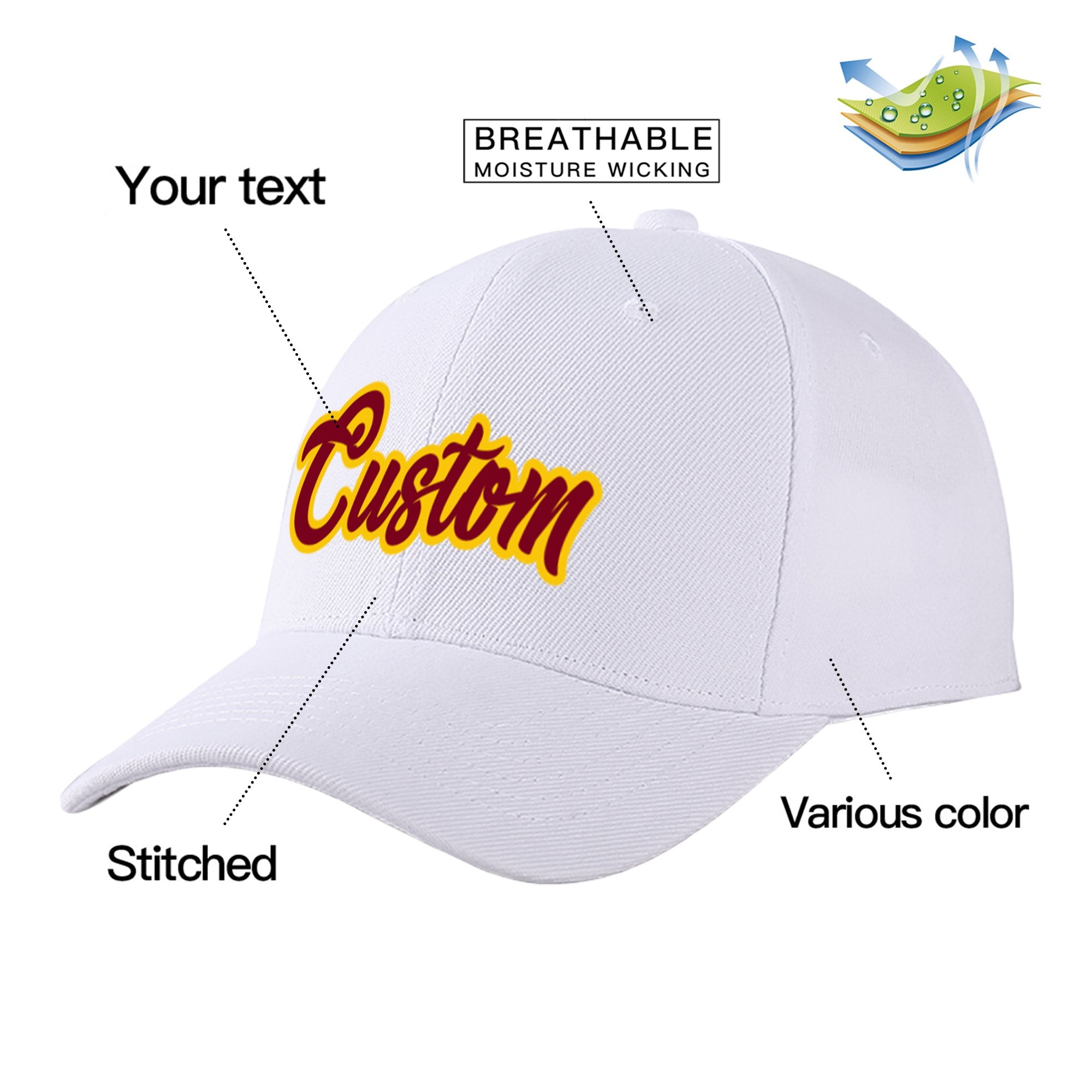 Custom White Crimson Baseball Cap Curved Eaves Hats Vintage Design for Men/Women/Youth