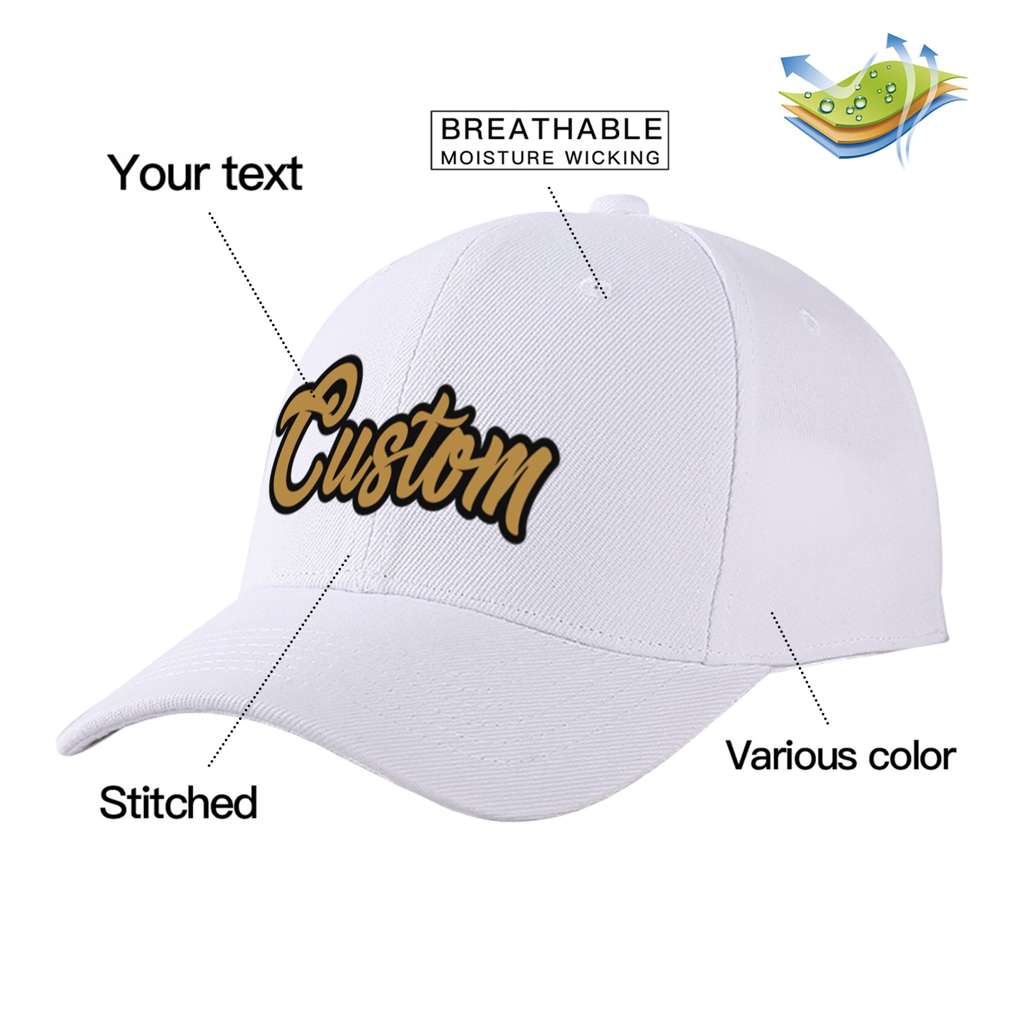 Custom White Old Gold Baseball Cap Curved Eaves Hats Vintage Design for Men/Women/Youth