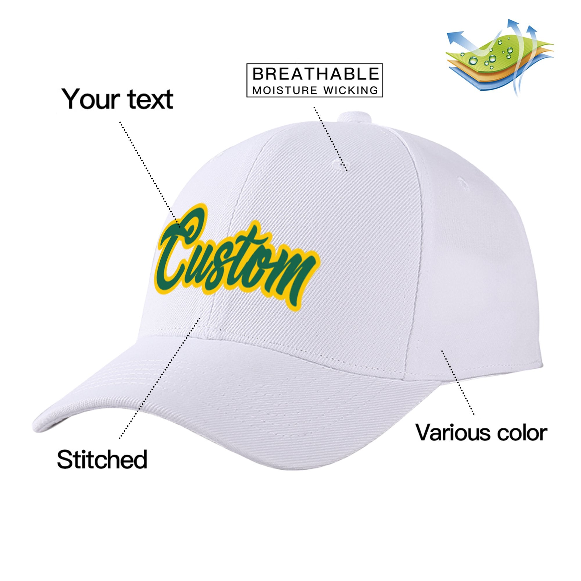 Custom White Kelly Green Baseball Cap Curved Eaves Hats Vintage Design for Men/Women/Youth