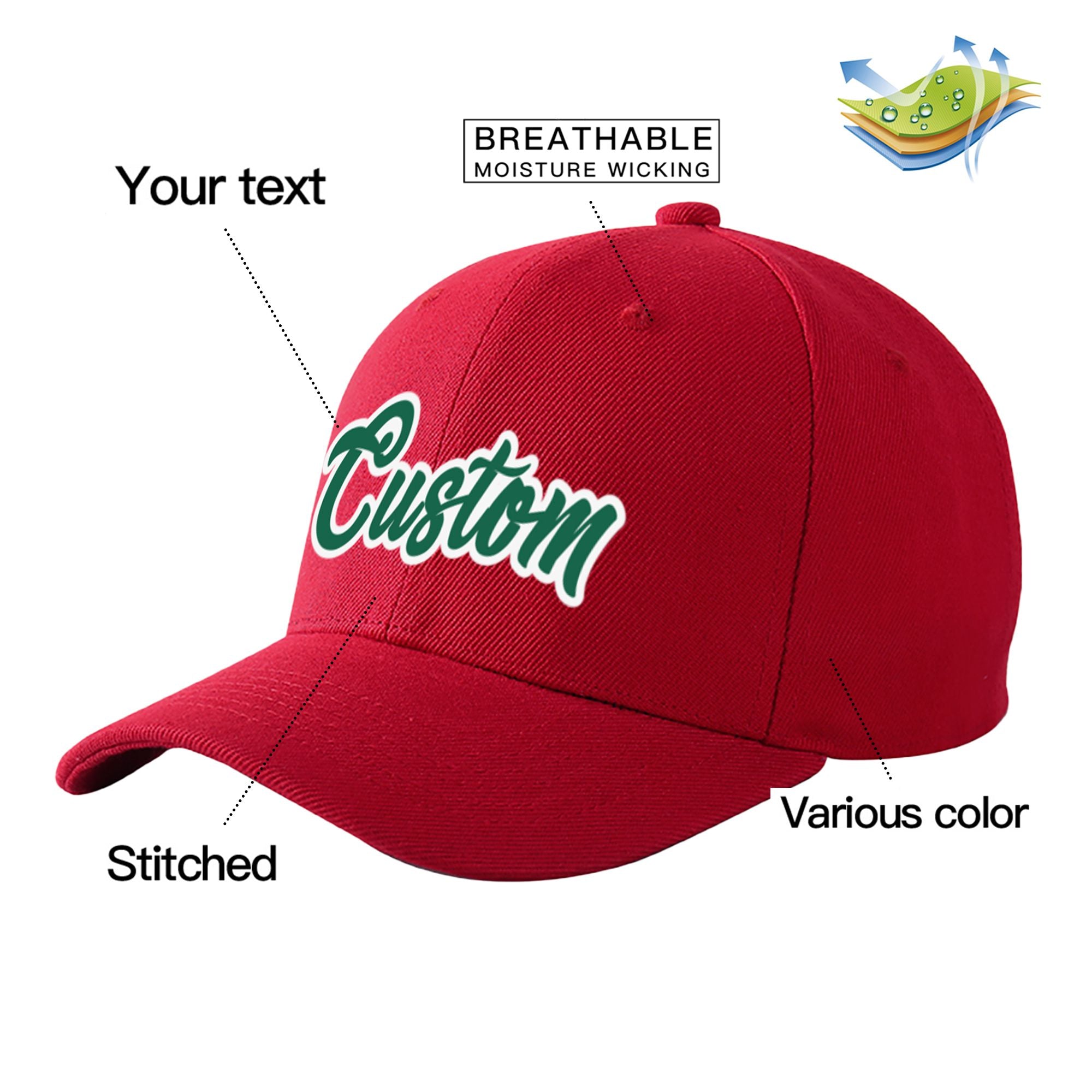 Custom Red Kelly Green Baseball Cap Curved Eaves Hats Vintage Design for Men/Women/Youth