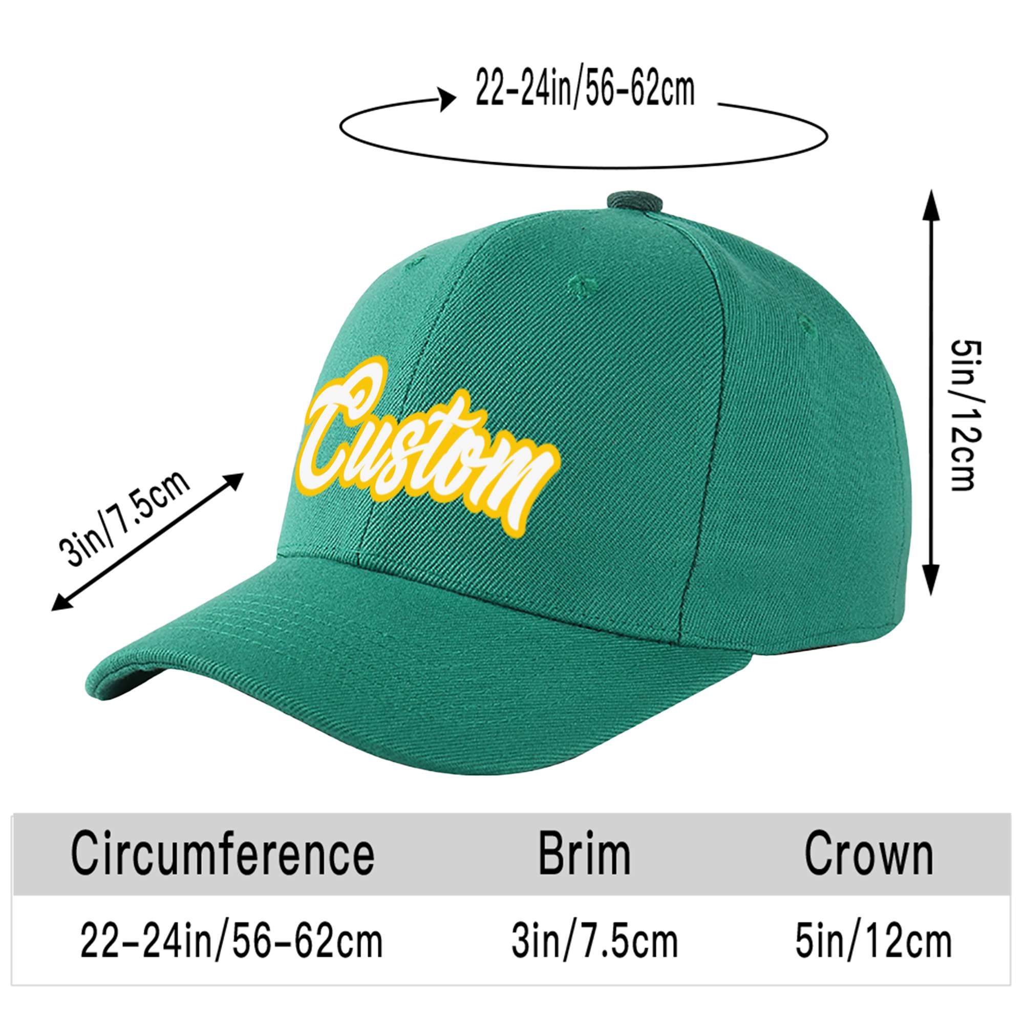 Custom Green White Baseball Cap Curved Eaves Hats Vintage Design for Men/Women/Youth