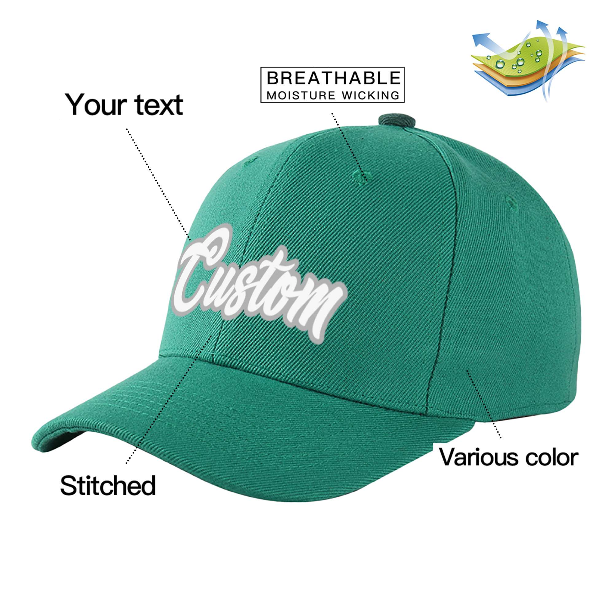 Custom Green White Baseball Cap Curved Eaves Hats Vintage Design for Men/Women/Youth