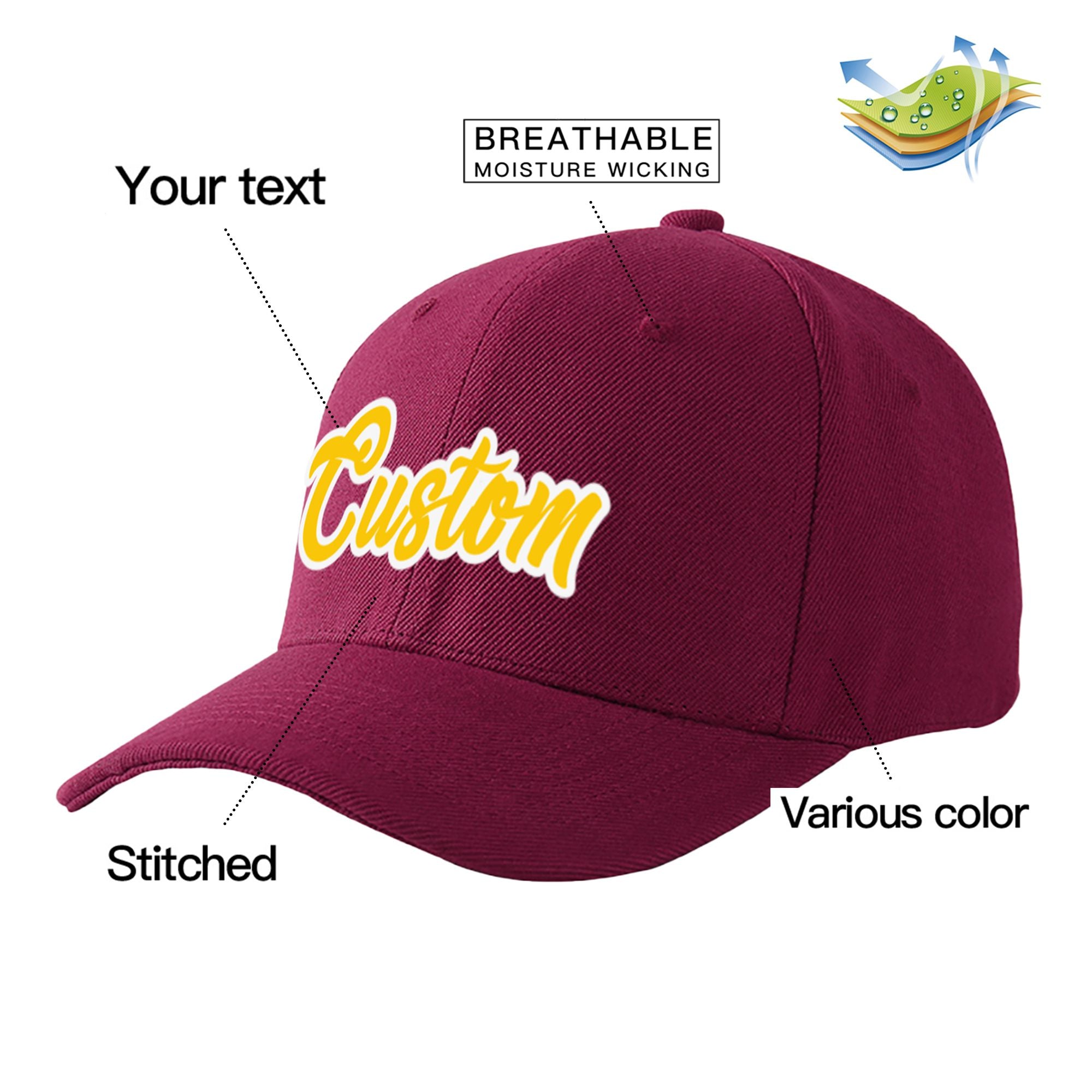 Custom Burgundy Yellow Baseball Cap Curved Eaves Hats Vintage Design for Men/Women/Youth