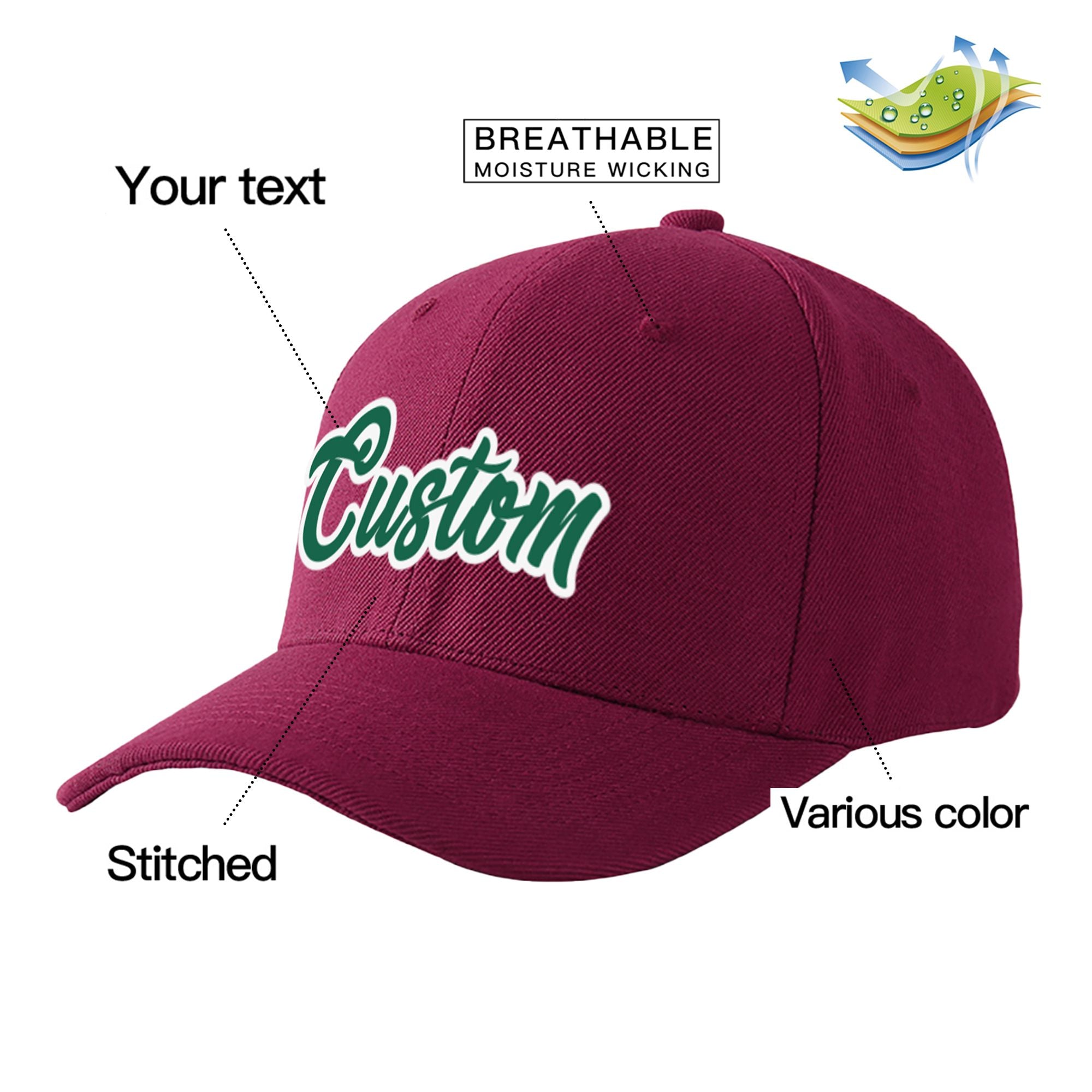 Custom Burgundy Kelly Green Baseball Cap Curved Eaves Hats Vintage Design for Men/Women/Youth