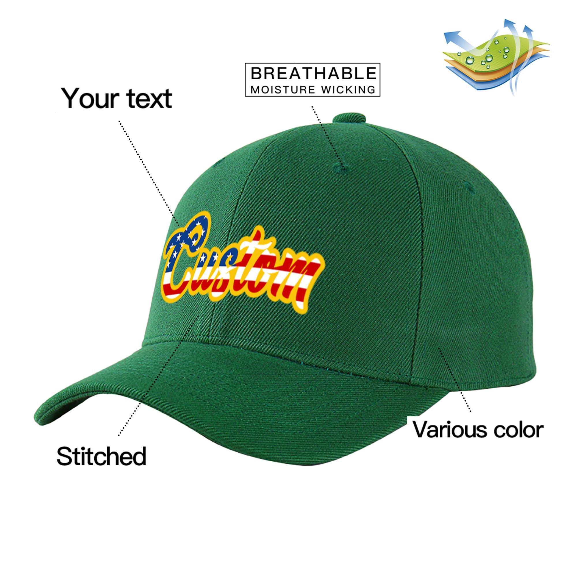 Custom Dark Green Usa Baseball Cap Curved Eaves Hats Vintage Design for Men/Women/Youth