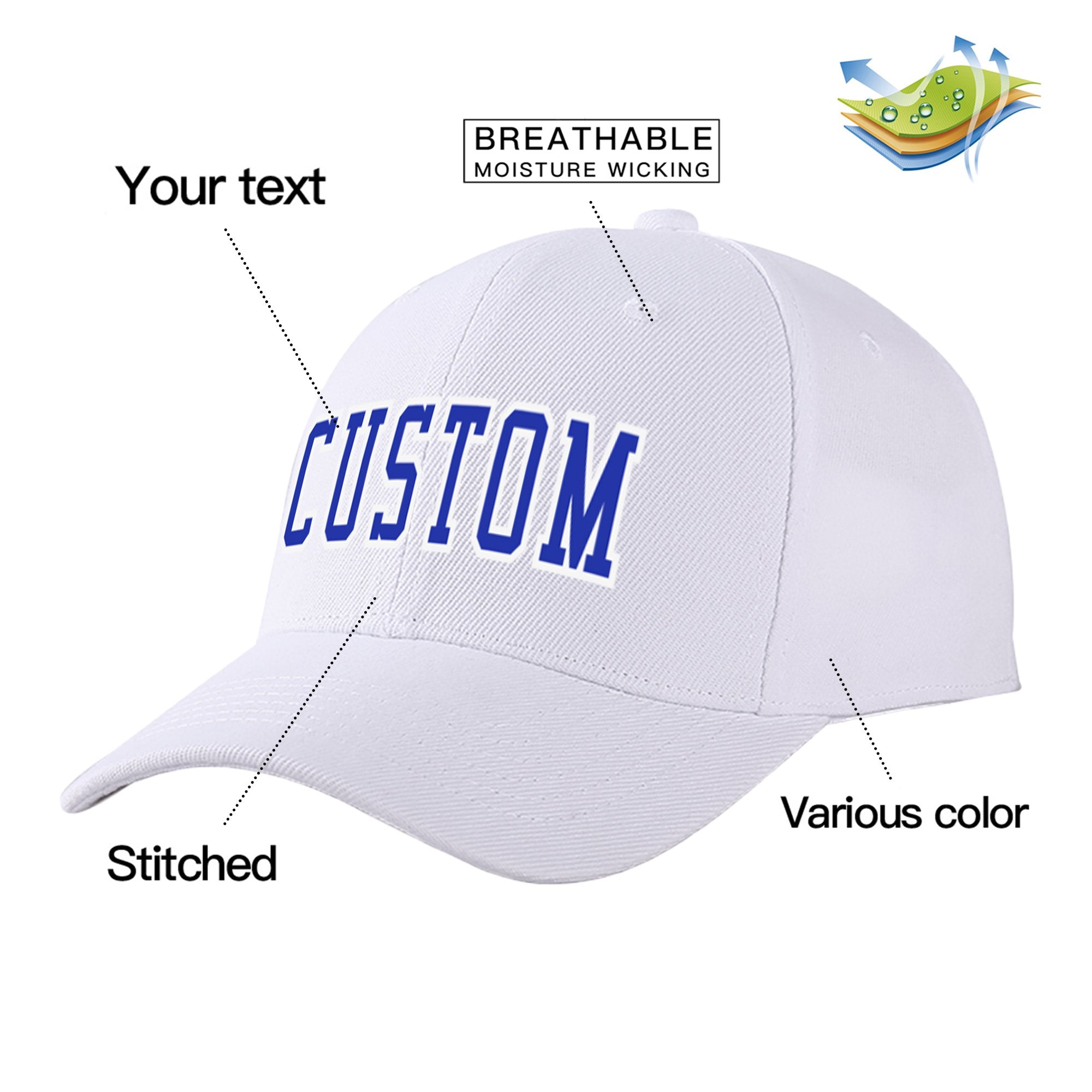 Custom White Royal Blue Baseball Cap Curved Eaves Hats Vintage Design for Men/Women/Youth