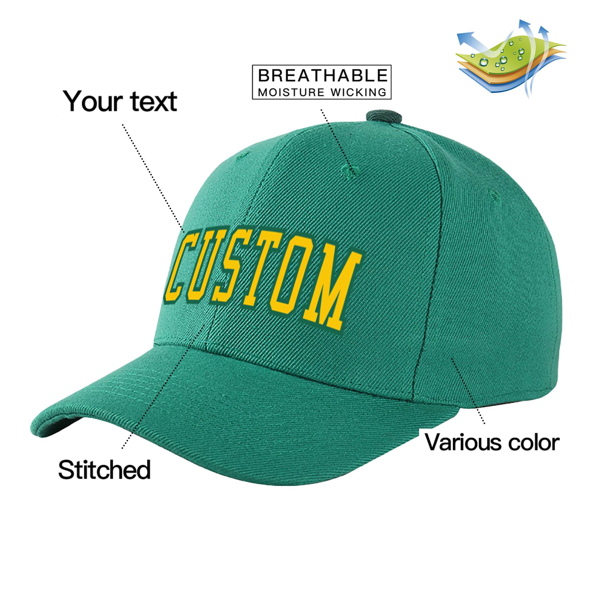 Custom Green Yellow Baseball Cap Curved Eaves Hats Vintage Design for Men/Women/Youth