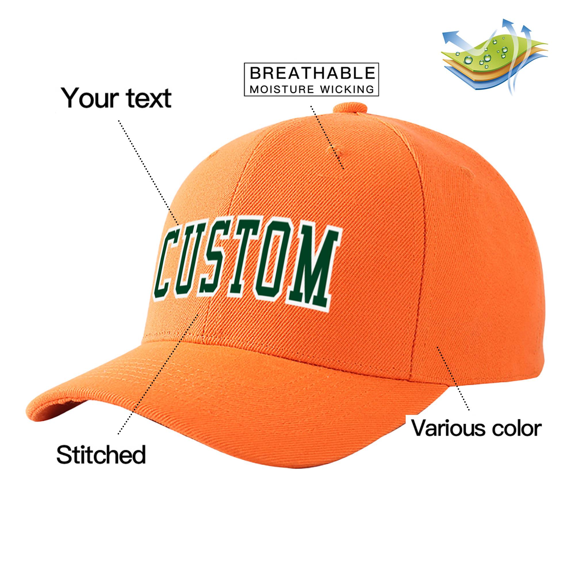 Custom Orange Athletic Green Baseball Cap Curved Eaves Hats Vintage Design for Men/Women/Youth