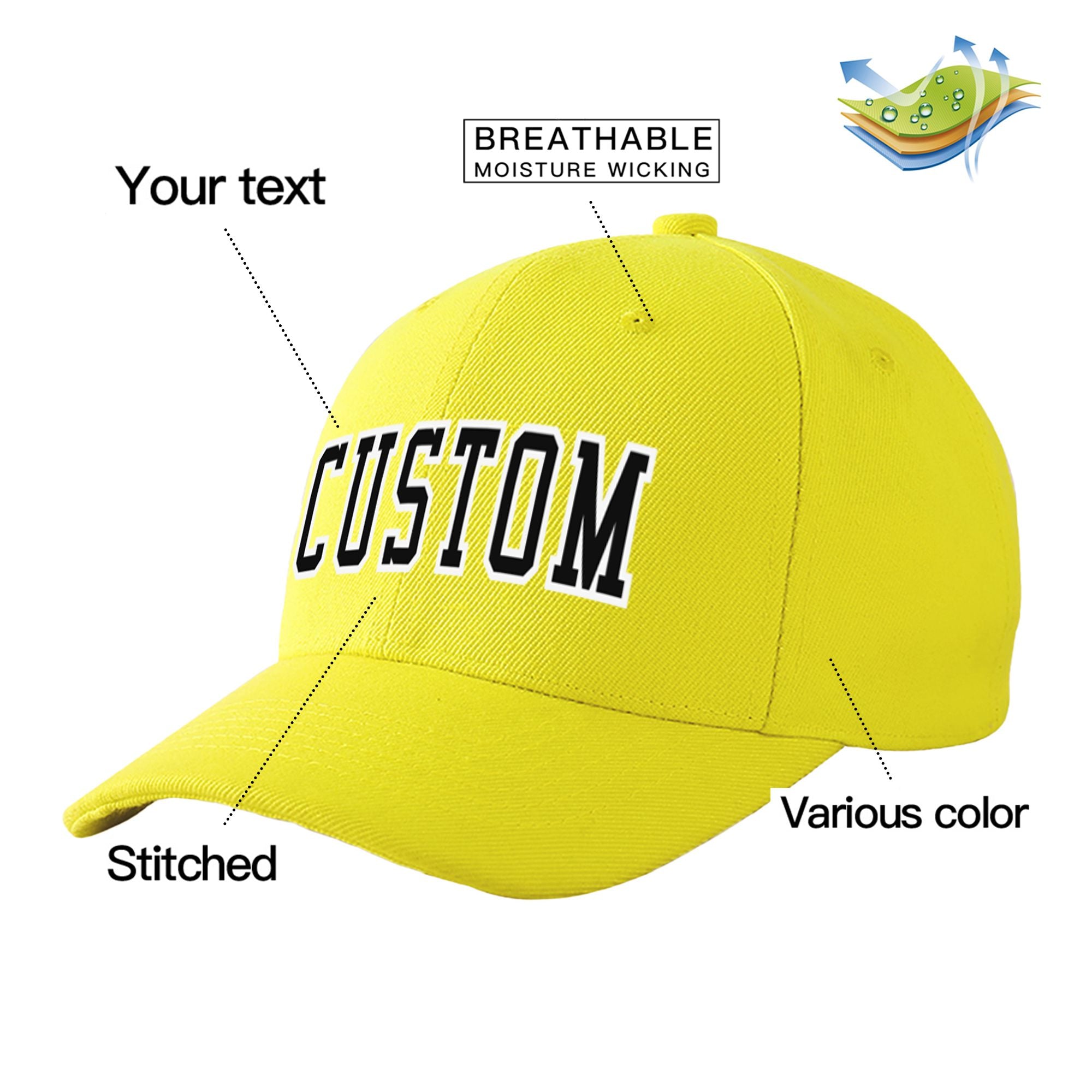 Custom Light Yellow Black Baseball Cap Curved Eaves Hats Vintage Design for Men/Women/Youth