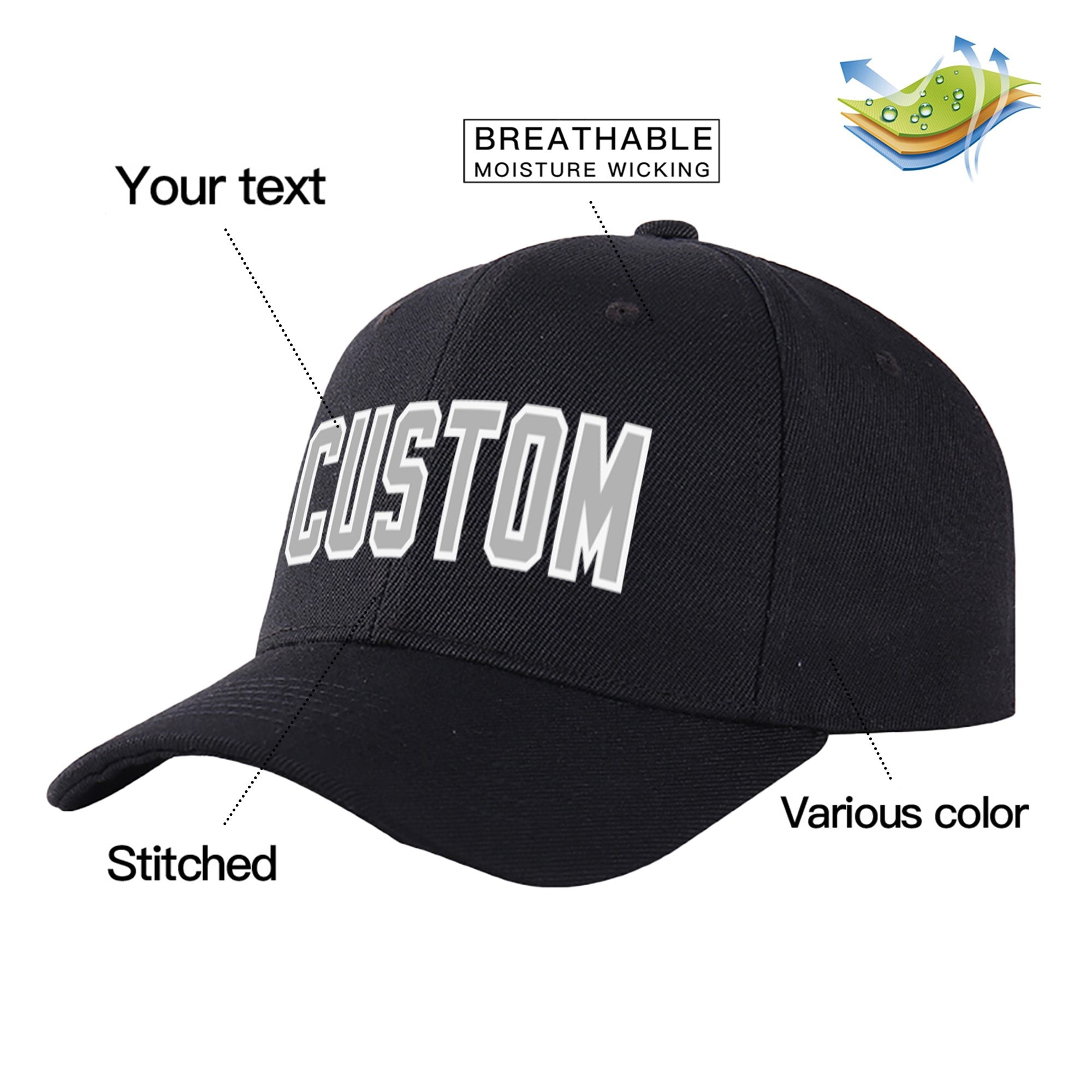 Custom Black Gray Baseball Cap Curved Eaves Hats Vintage Design for Men/Women/Youth