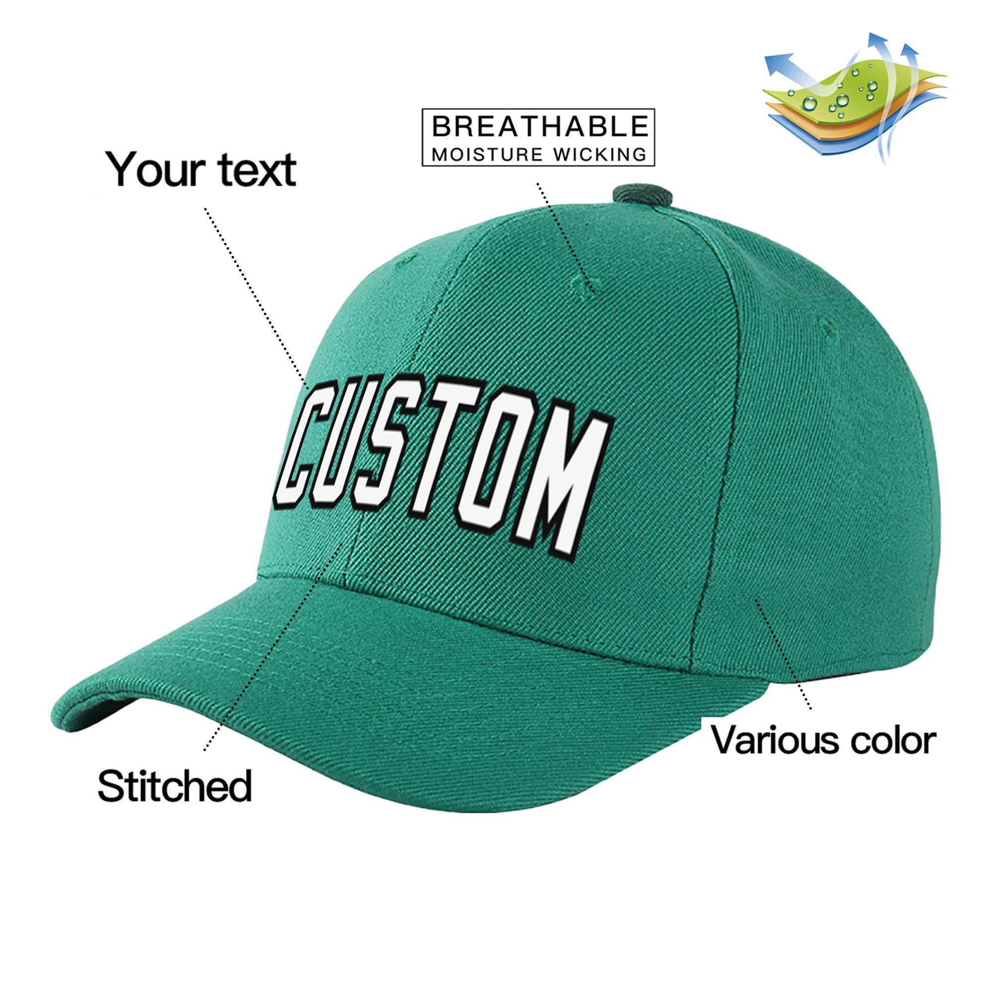 Custom Green White Baseball Cap Curved Eaves Hats Vintage Design for Men/Women/Youth