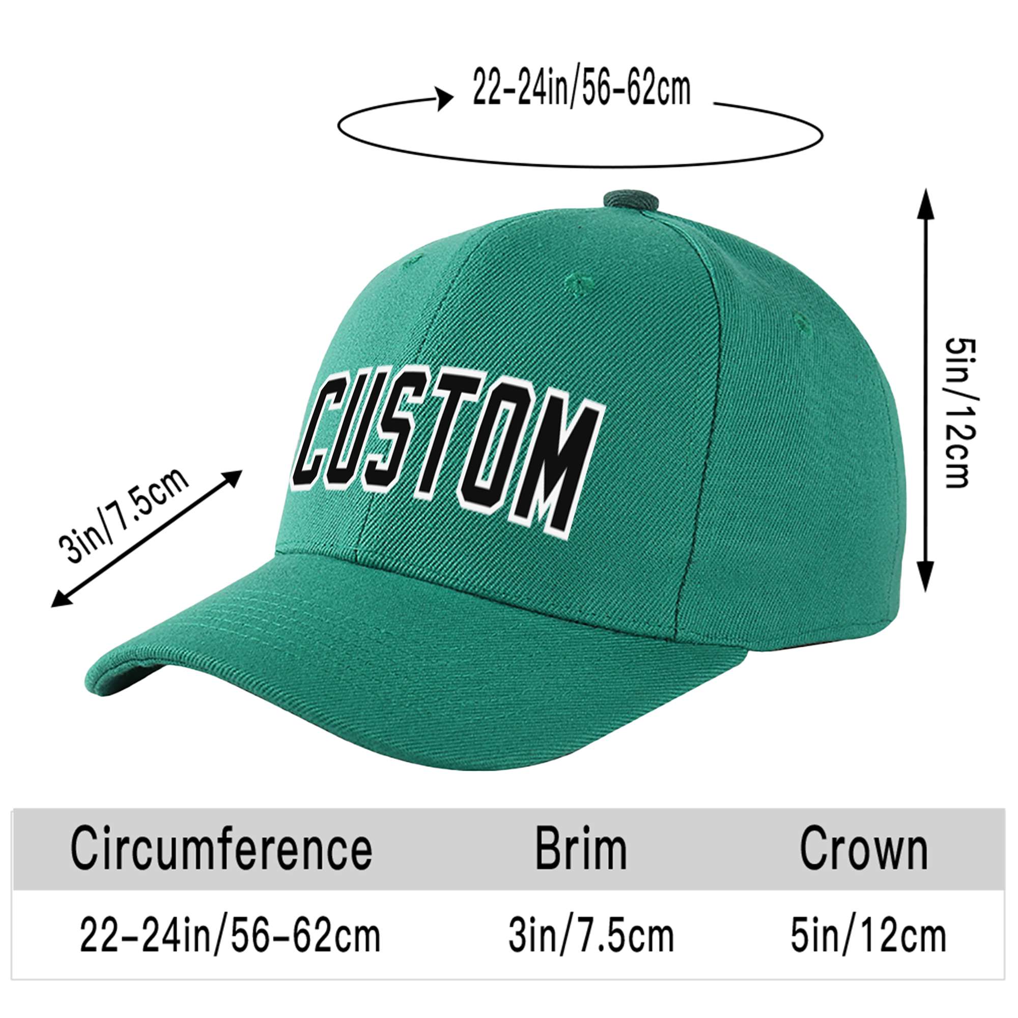 Custom Green Black Baseball Cap Curved Eaves Hats Vintage Design for Men/Women/Youth