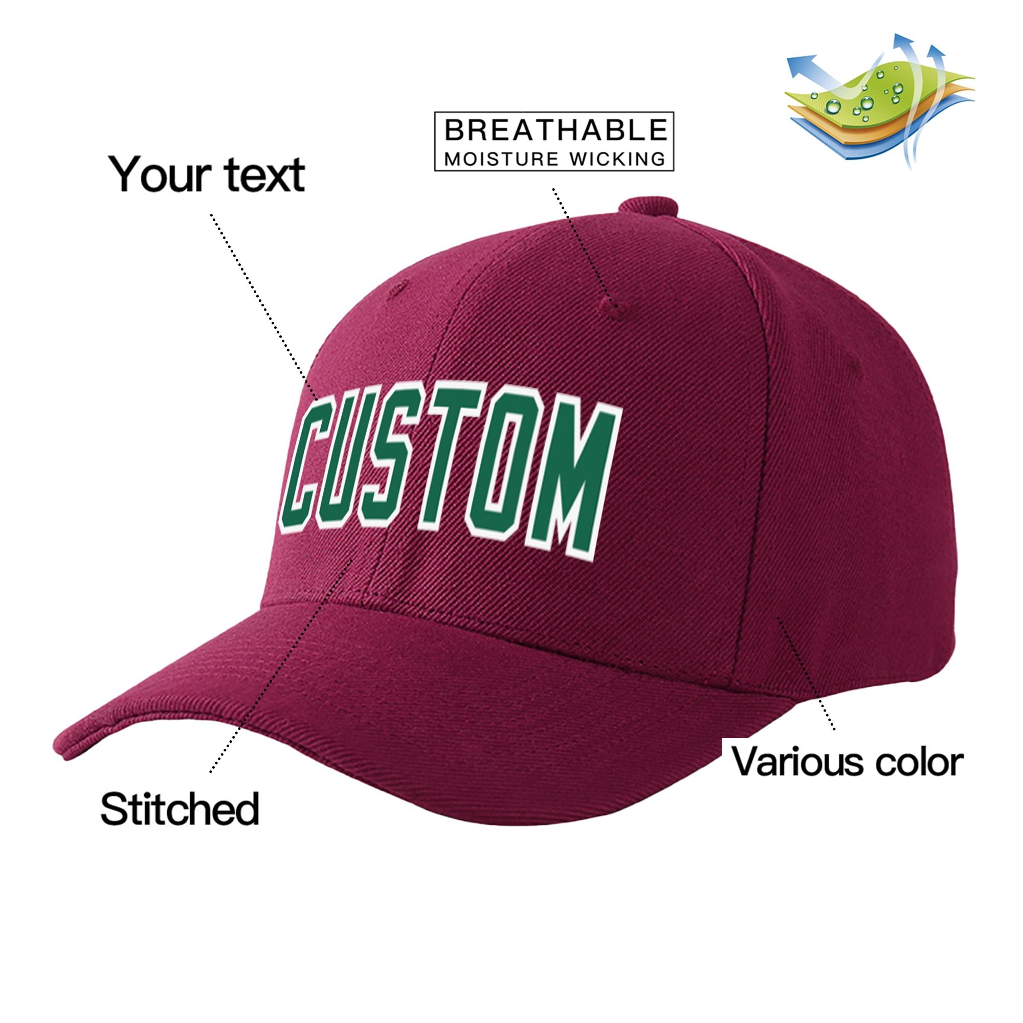 Custom Burgundy Kelly Green Baseball Cap Curved Eaves Hats Vintage Design for Men/Women/Youth