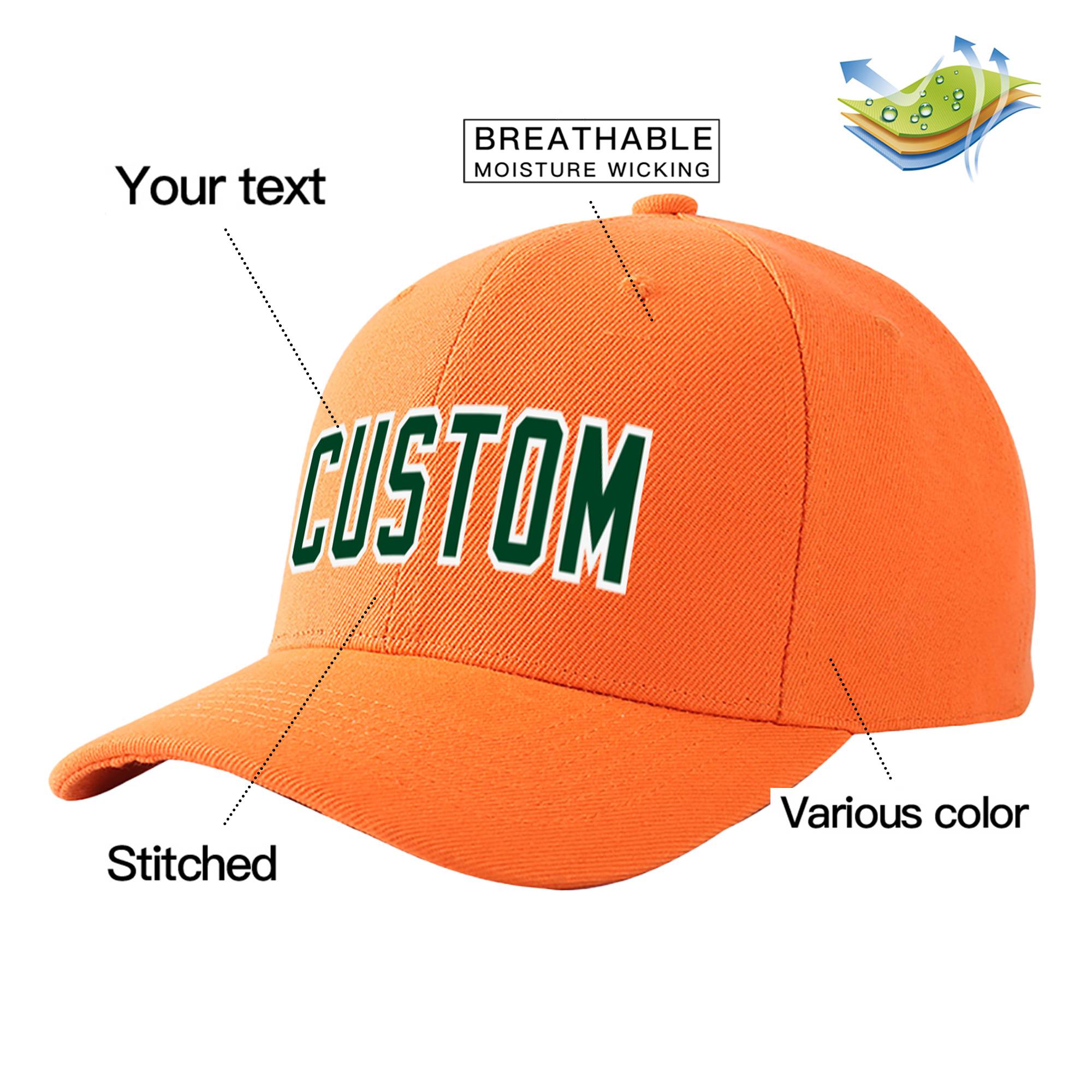 Custom Orange Athletic Green Baseball Cap Curved Eaves Hats Vintage Design for Men/Women/Youth