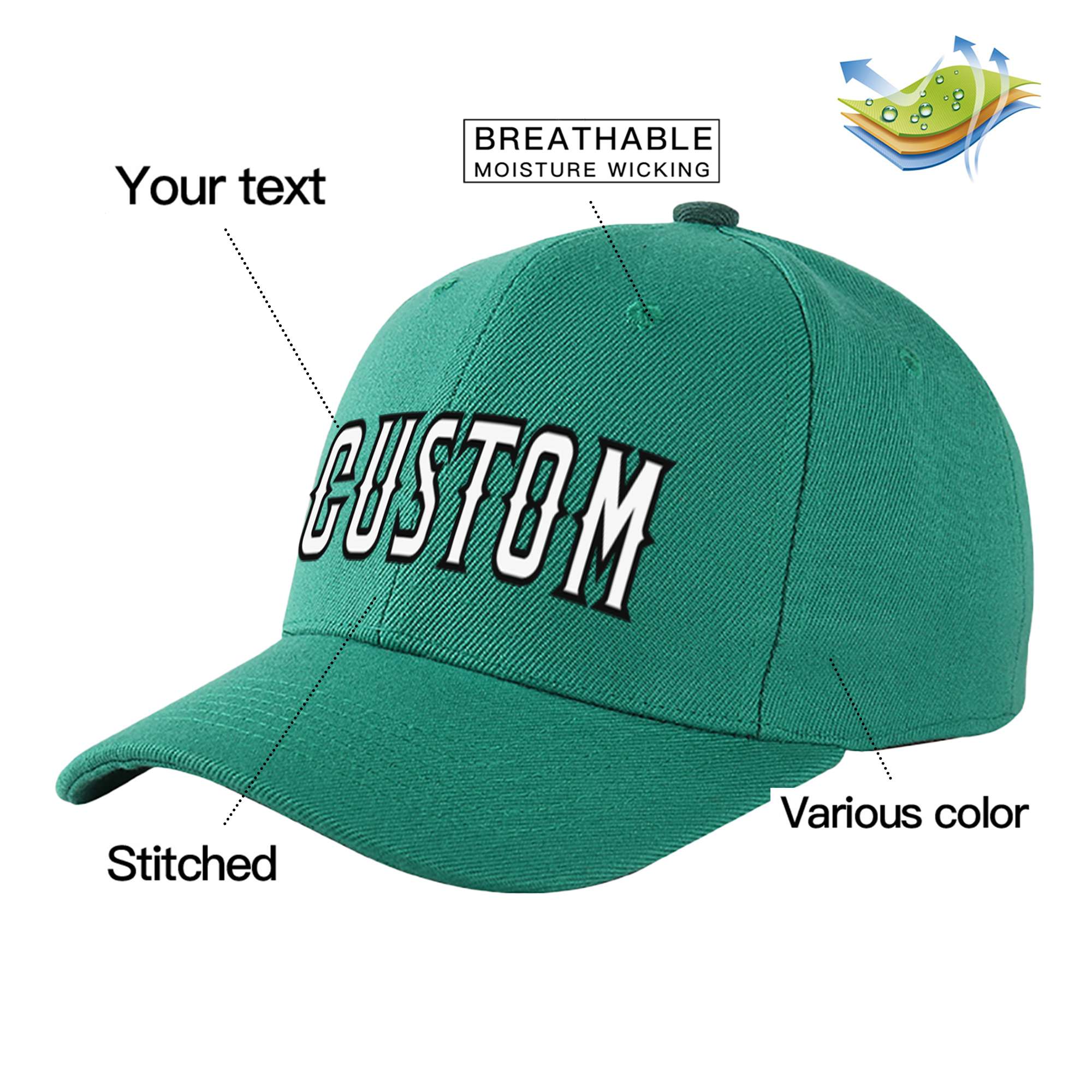 Custom Green White Baseball Cap Curved Eaves Hats Vintage Design for Men/Women/Youth