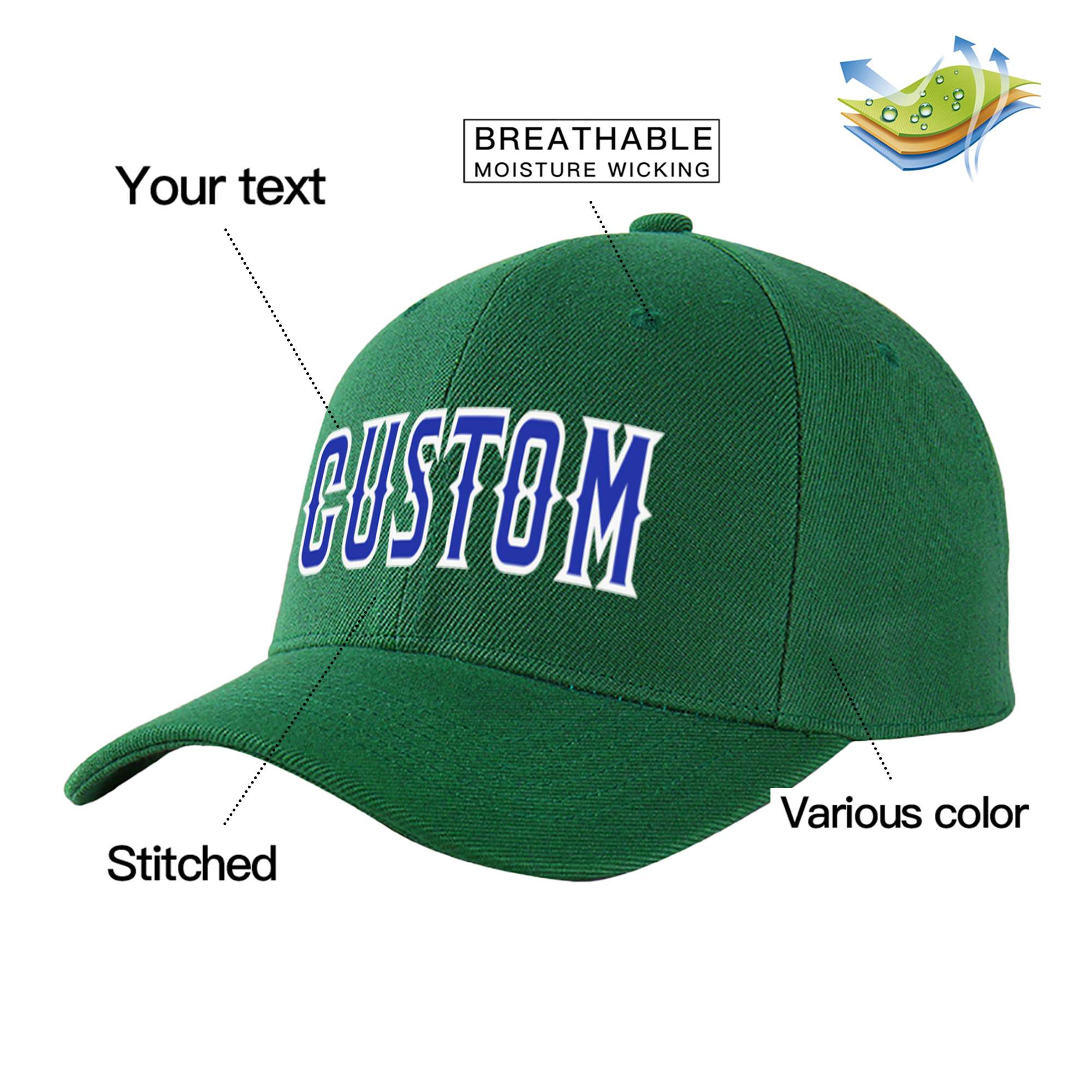 Custom Dark Green Royal Blue Baseball Cap Curved Eaves Hats Vintage Design for Men/Women/Youth