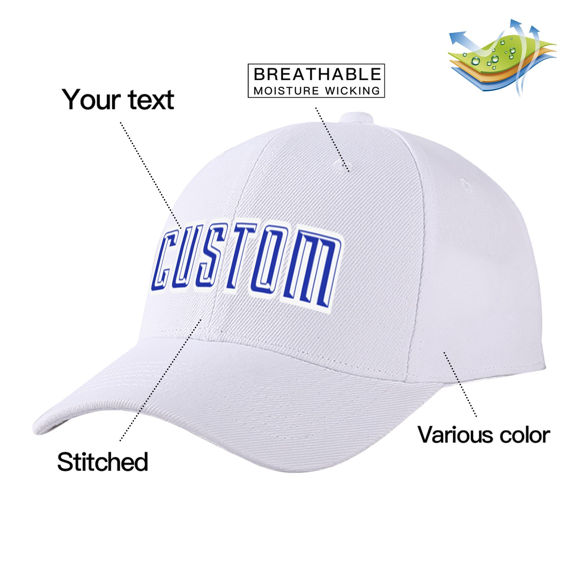 Custom White Royal Blue Baseball Cap Curved Eaves Hats Vintage Design for Men/Women/Youth