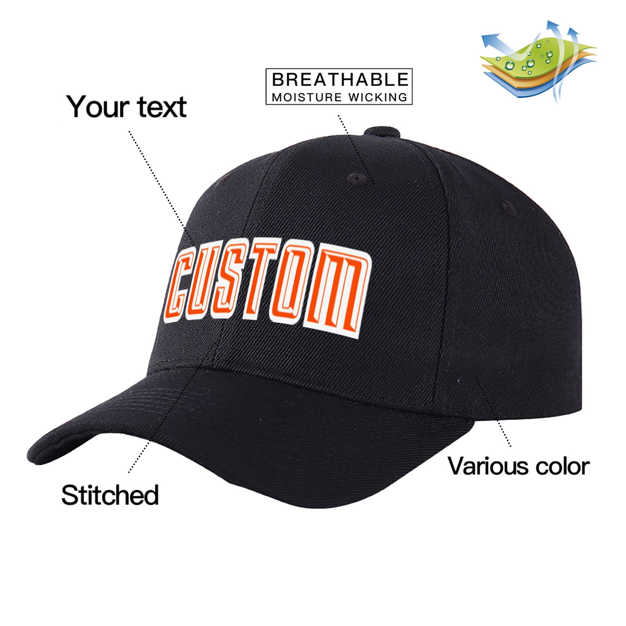 Custom Black Orange Baseball Cap Curved Eaves Hats Vintage Design for Men/Women/Youth