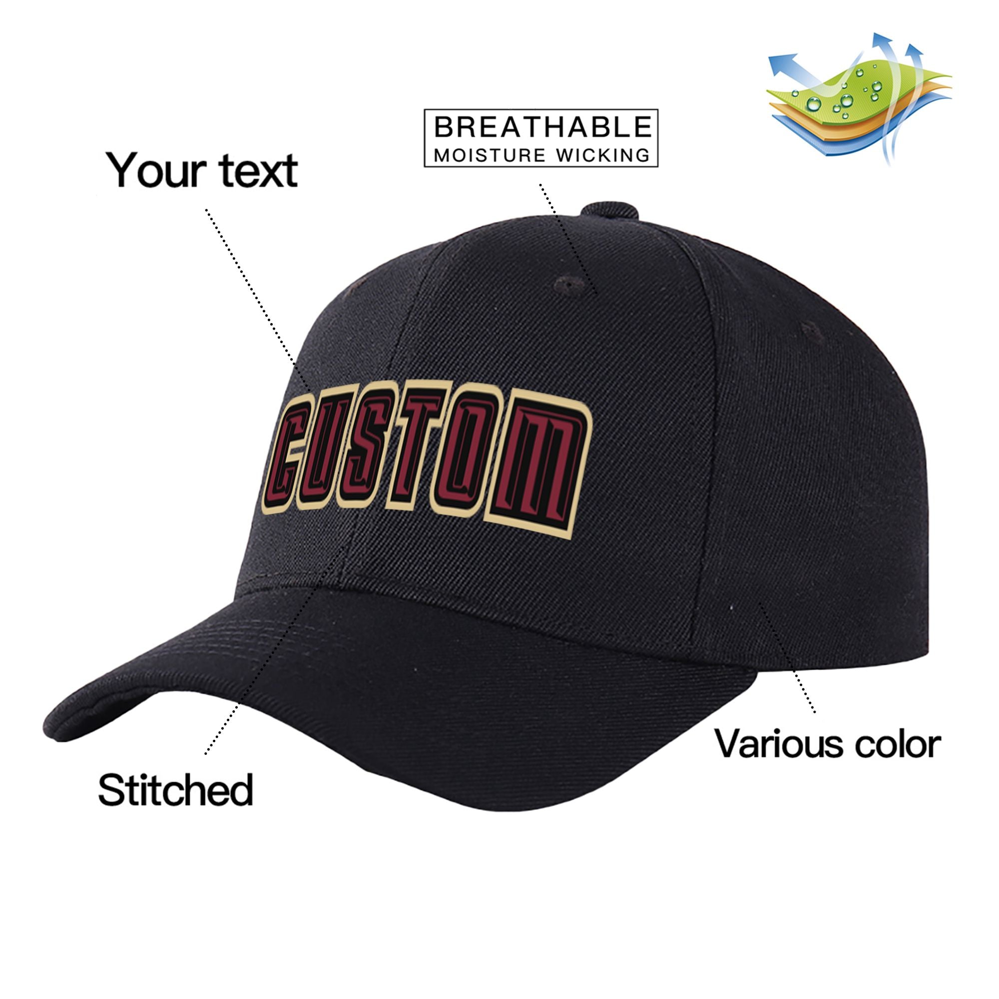 Custom Black Crimson Baseball Cap Curved Eaves Hats Vintage Design for Men/Women/Youth