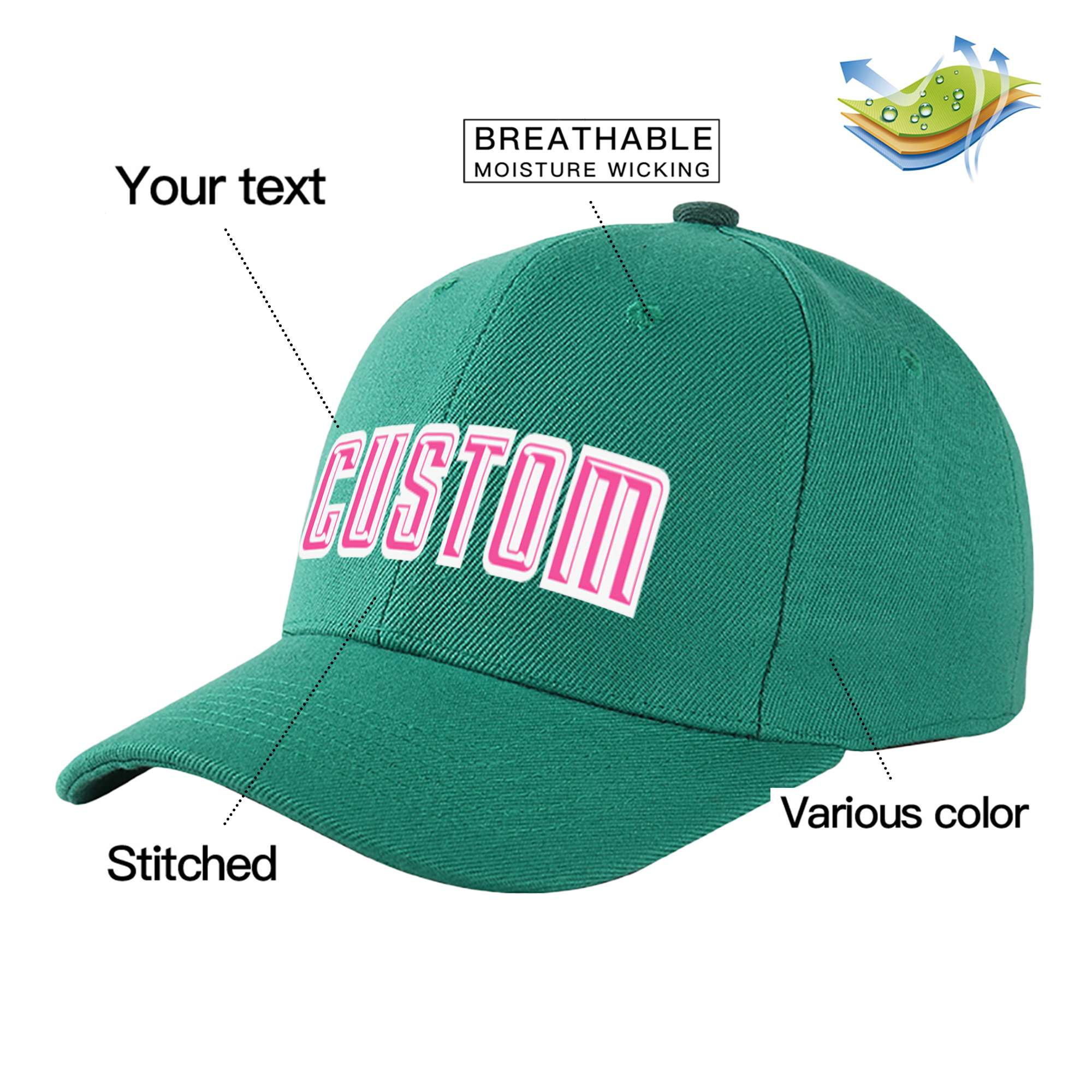 Custom Green Pink Baseball Cap Curved Eaves Hats Vintage Design for Men/Women/Youth