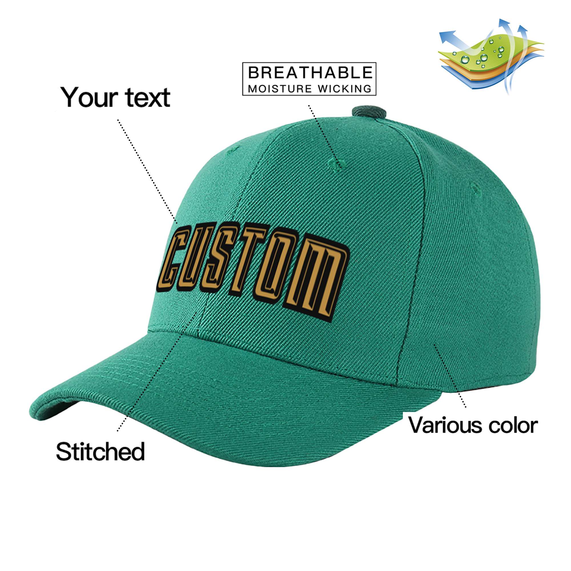 Custom Green Old Gold Baseball Cap Curved Eaves Hats Vintage Design for Men/Women/Youth