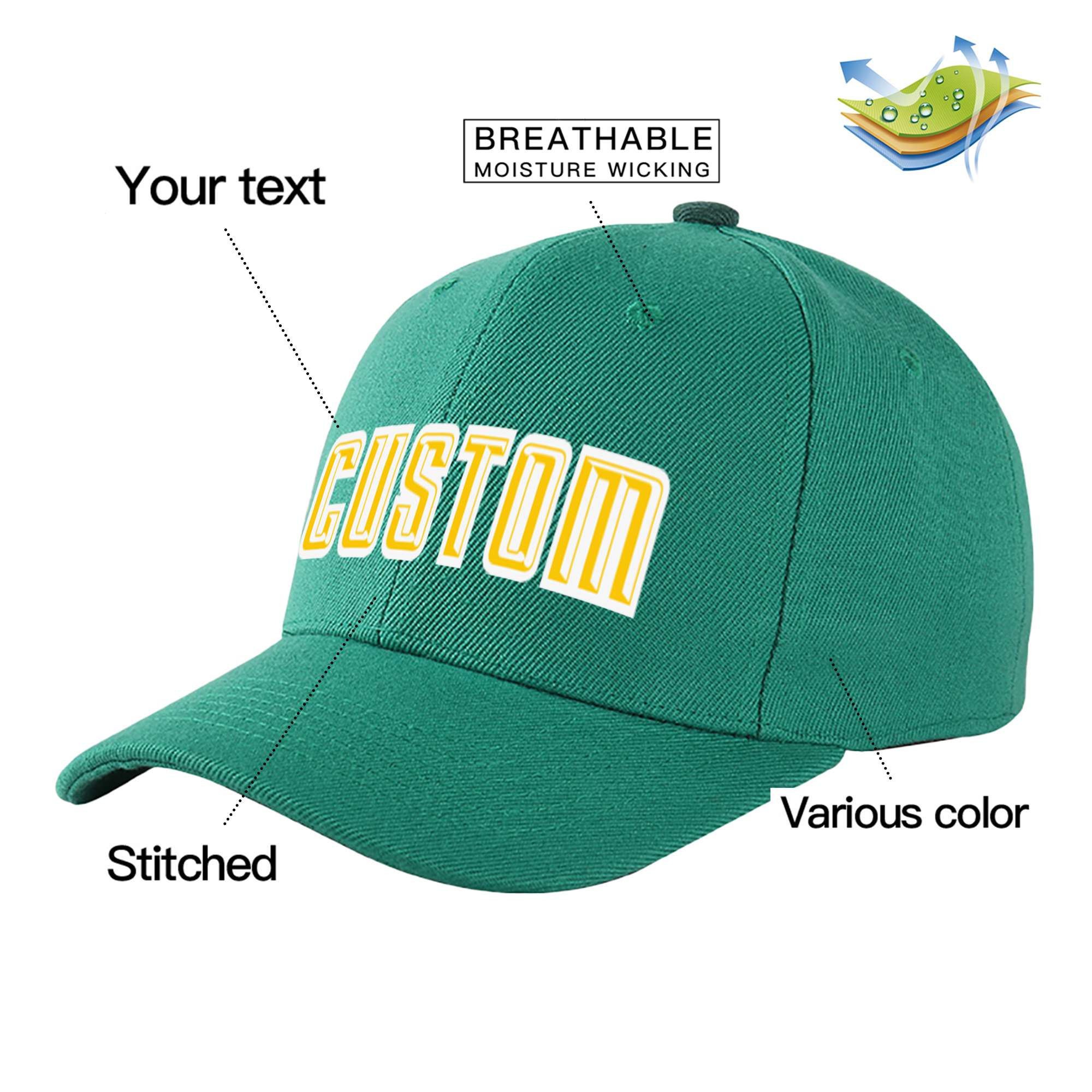 Custom Green Yellow Baseball Cap Curved Eaves Hats Vintage Design for Men/Women/Youth