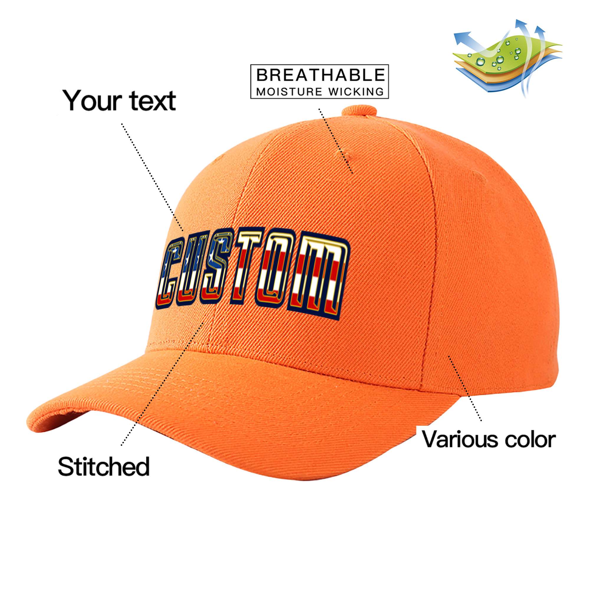 Custom Orange Usa Baseball Cap Curved Eaves Hats Vintage Design for Men/Women/Youth