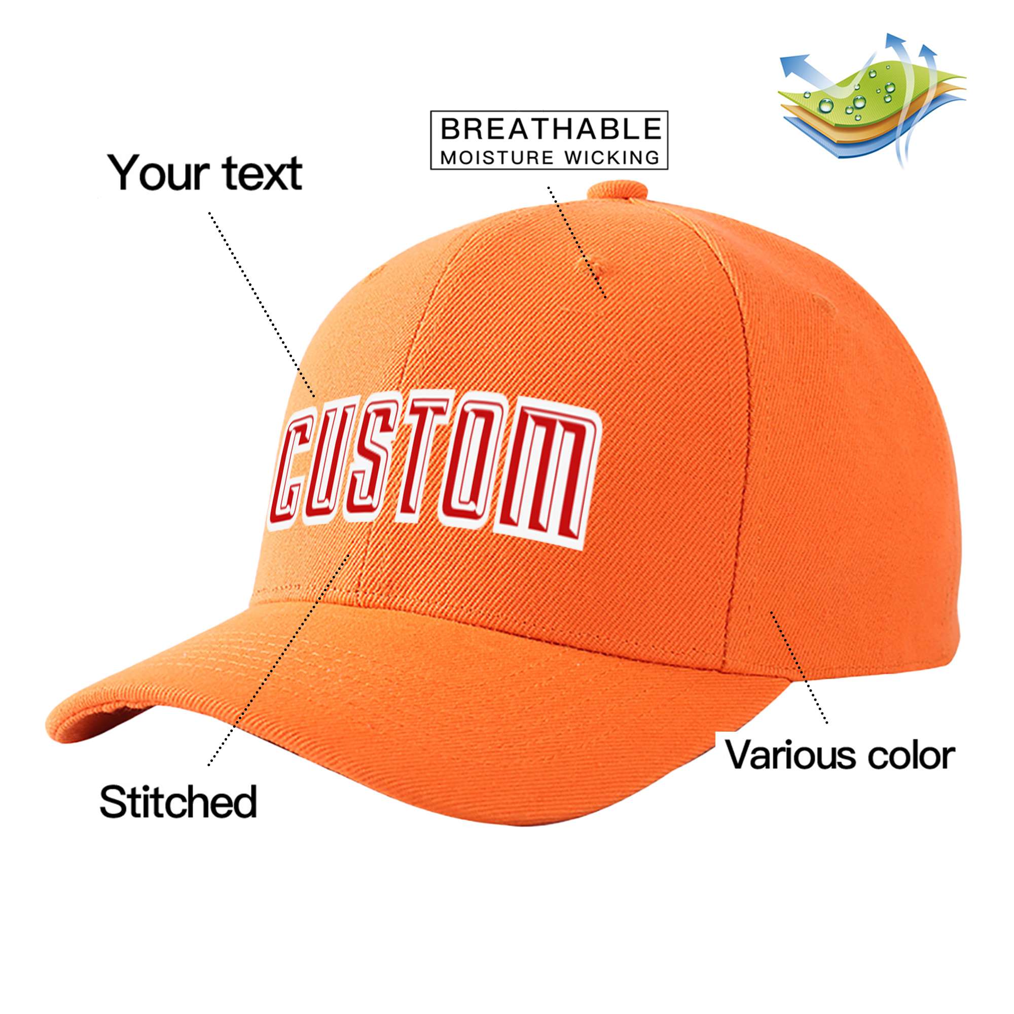 Custom Orange Red Baseball Cap Curved Eaves Hats Vintage Design for Men/Women/Youth