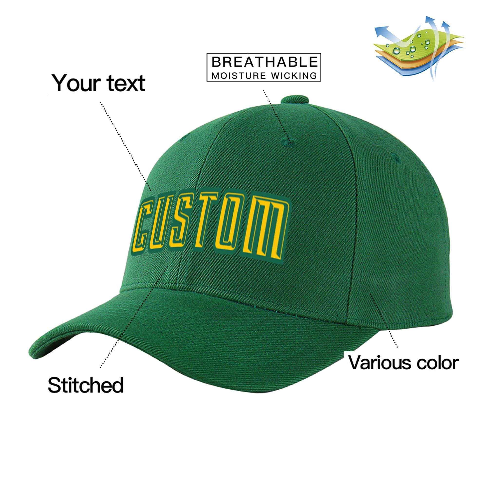 Custom Dark Green Yellow Baseball Cap Curved Eaves Hats Vintage Design for Men/Women/Youth