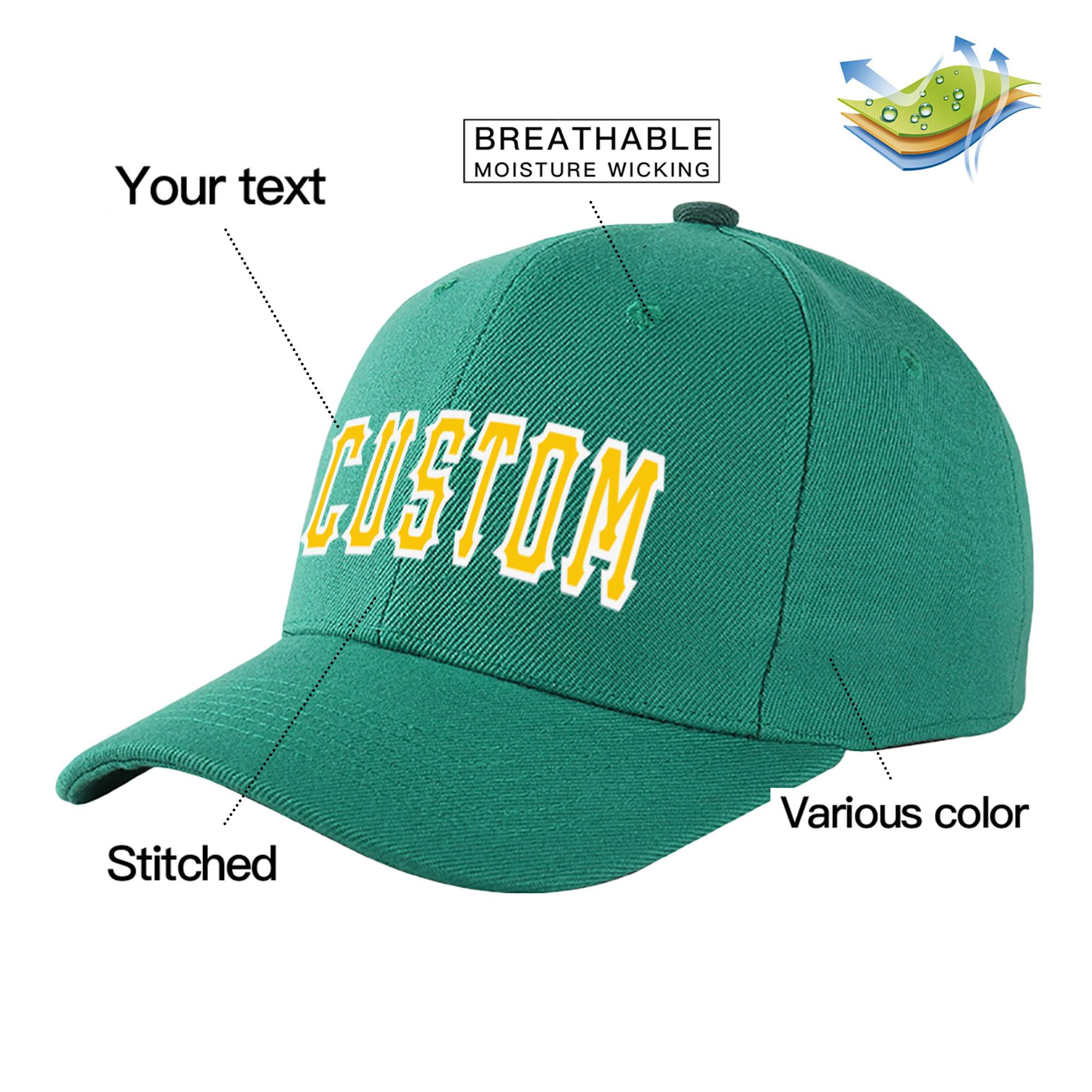 Custom Green Yellow Baseball Cap Curved Eaves Hats Vintage Design for Men/Women/Youth