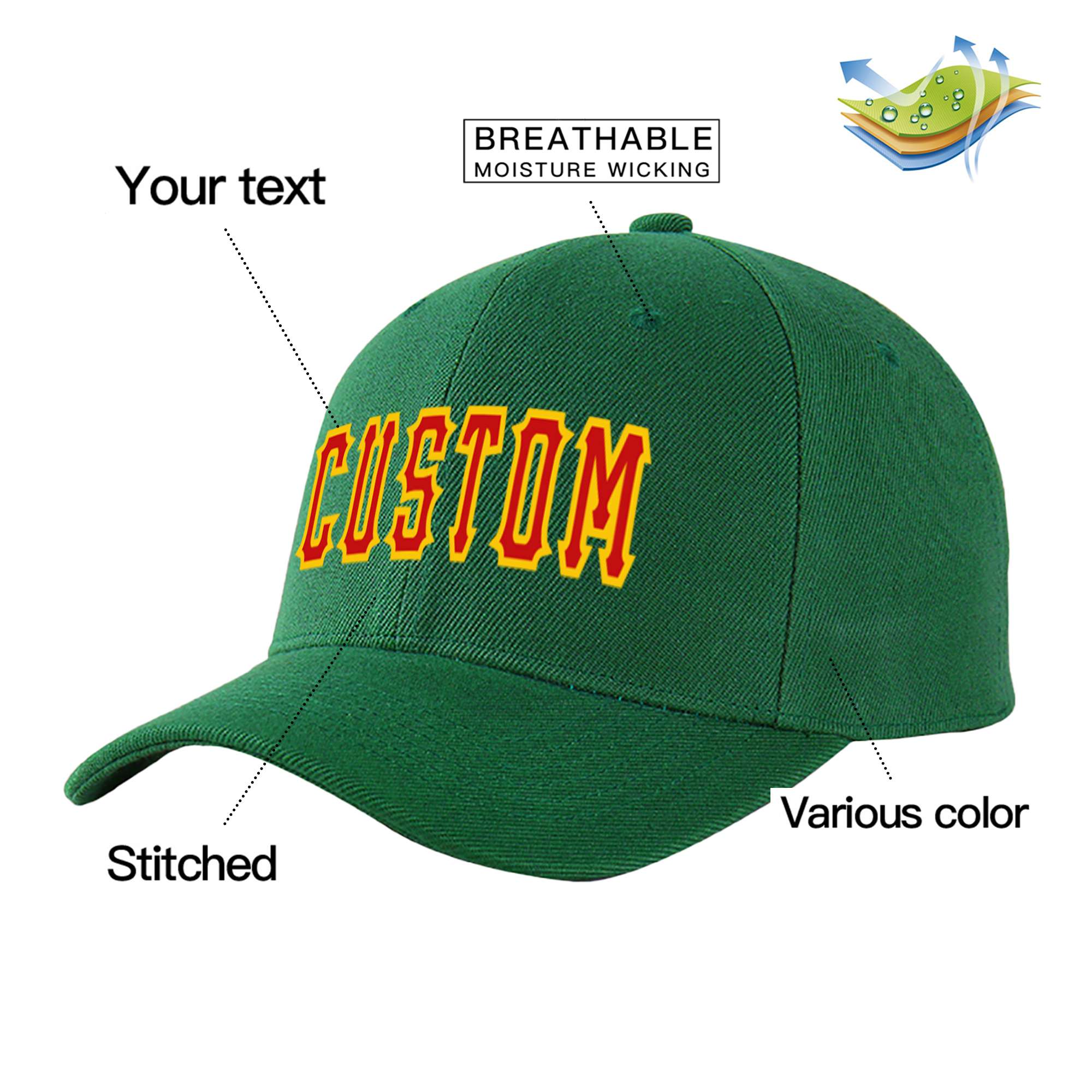 Custom Dark Green Red Baseball Cap Curved Eaves Hats Vintage Design for Men/Women/Youth