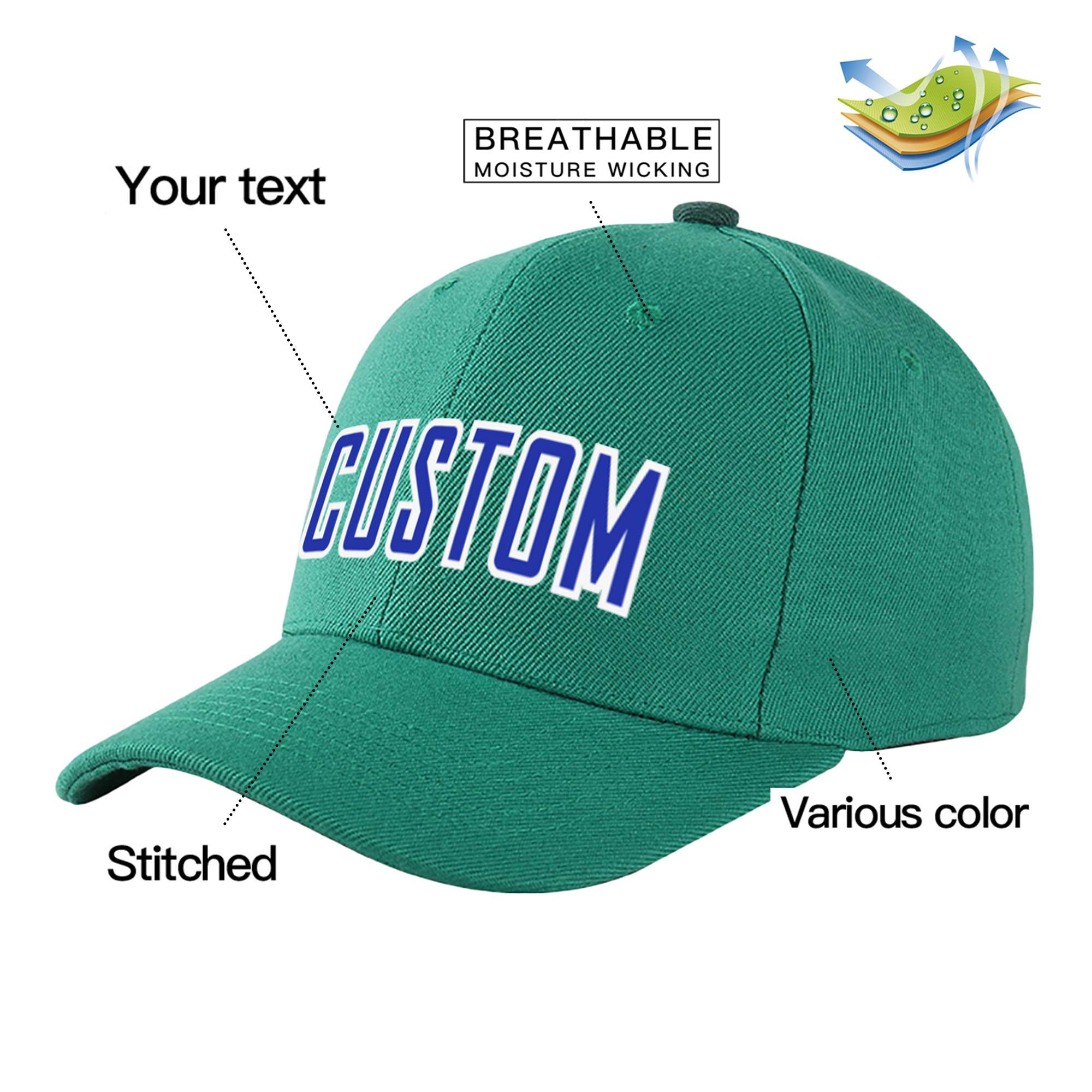 Custom Green Royal Blue Baseball Cap Curved Eaves Hats Vintage Design for Men/Women/Youth