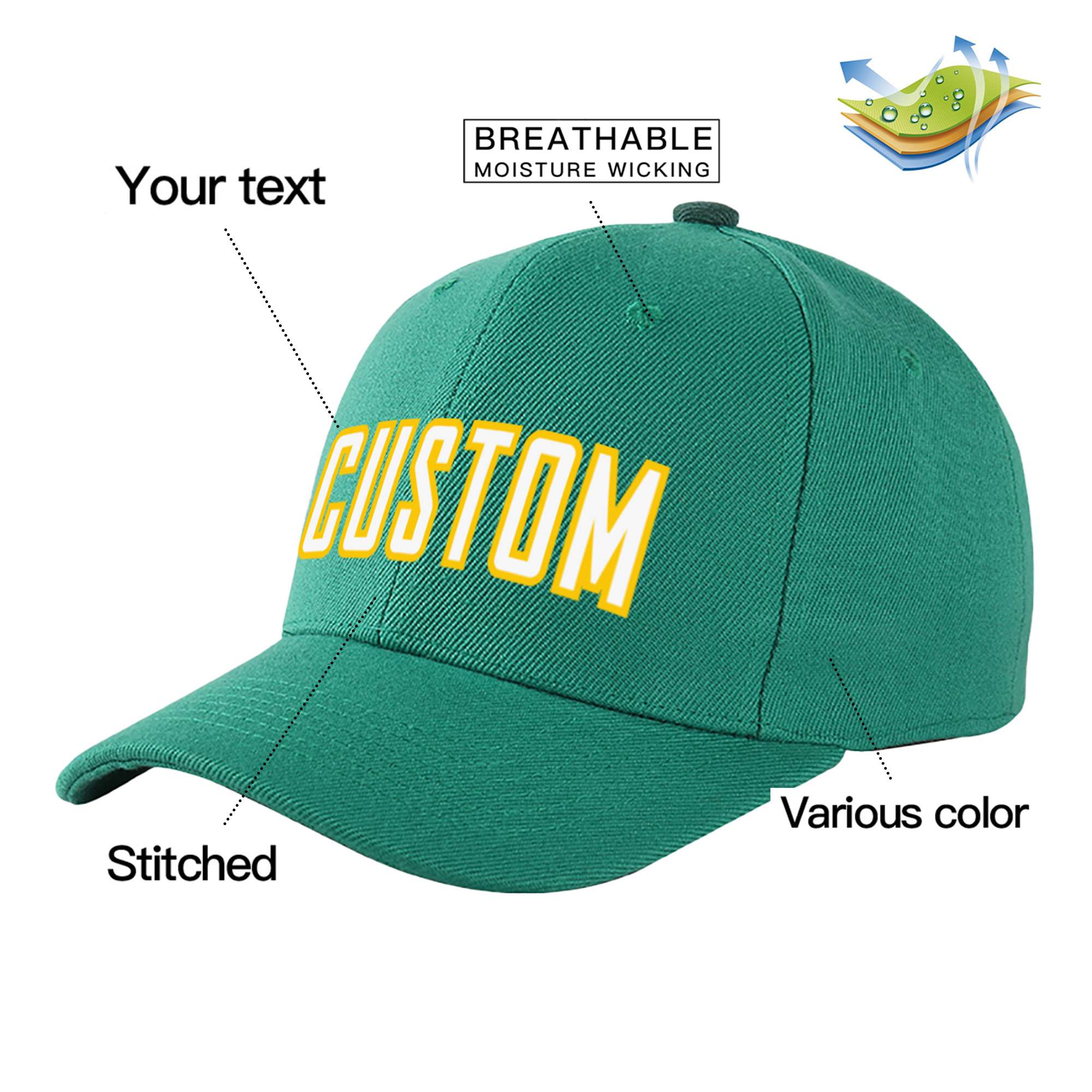 Custom Green White Baseball Cap Curved Eaves Hats Vintage Design for Men/Women/Youth