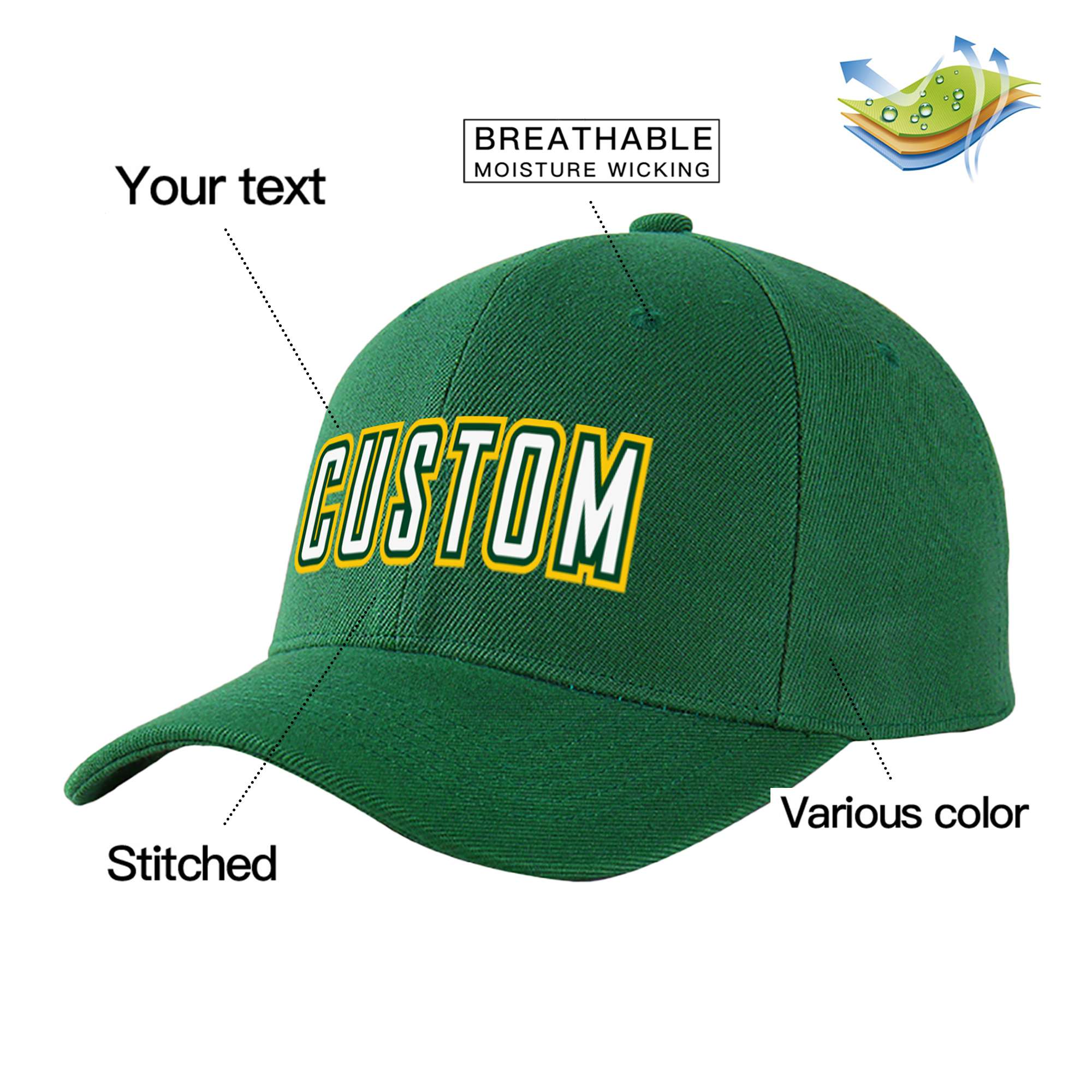 Custom Dark Green White Baseball Cap Curved Eaves Hats Vintage Design for Men/Women/Youth