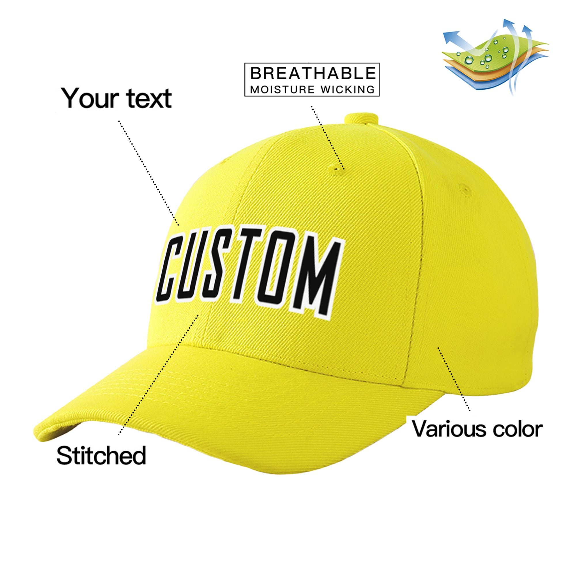 Custom Light Yellow Black Baseball Cap Curved Eaves Hats Vintage Design for Men/Women/Youth