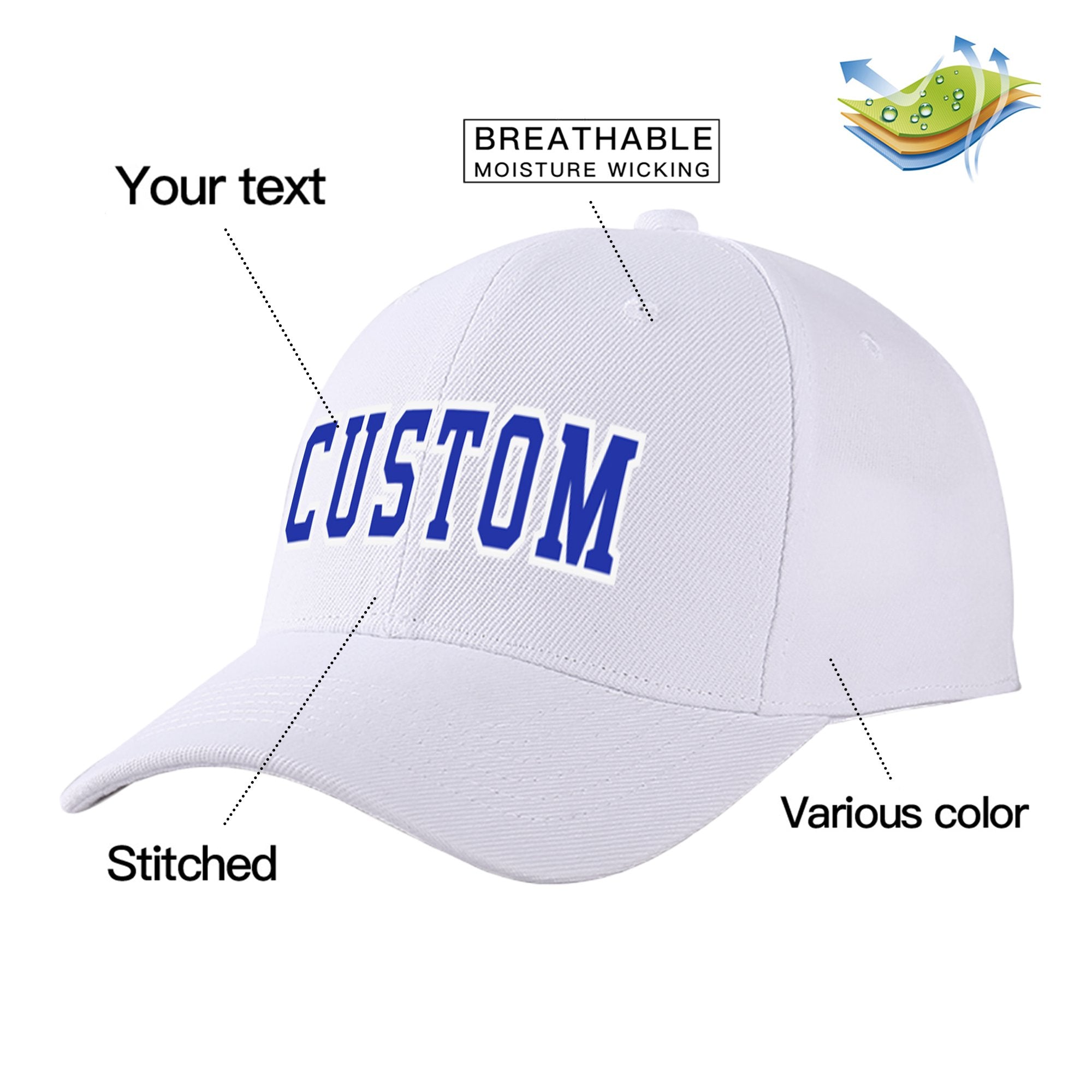 Custom White Royal Blue Baseball Cap Curved Eaves Hats Vintage Design for Men/Women/Youth