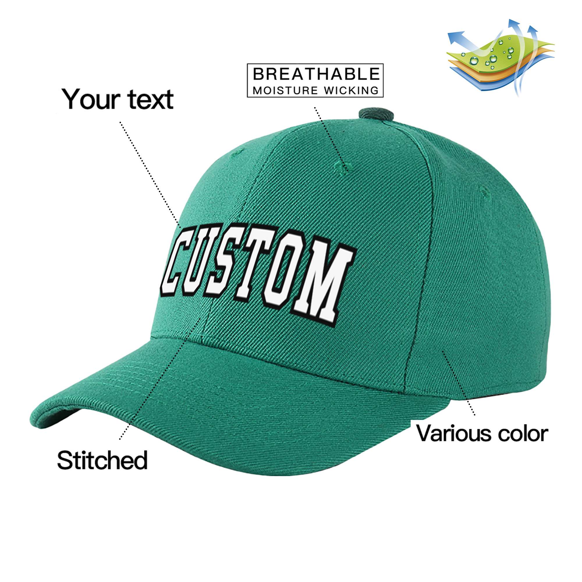 Custom Green White Baseball Cap Curved Eaves Hats Vintage Design for Men/Women/Youth