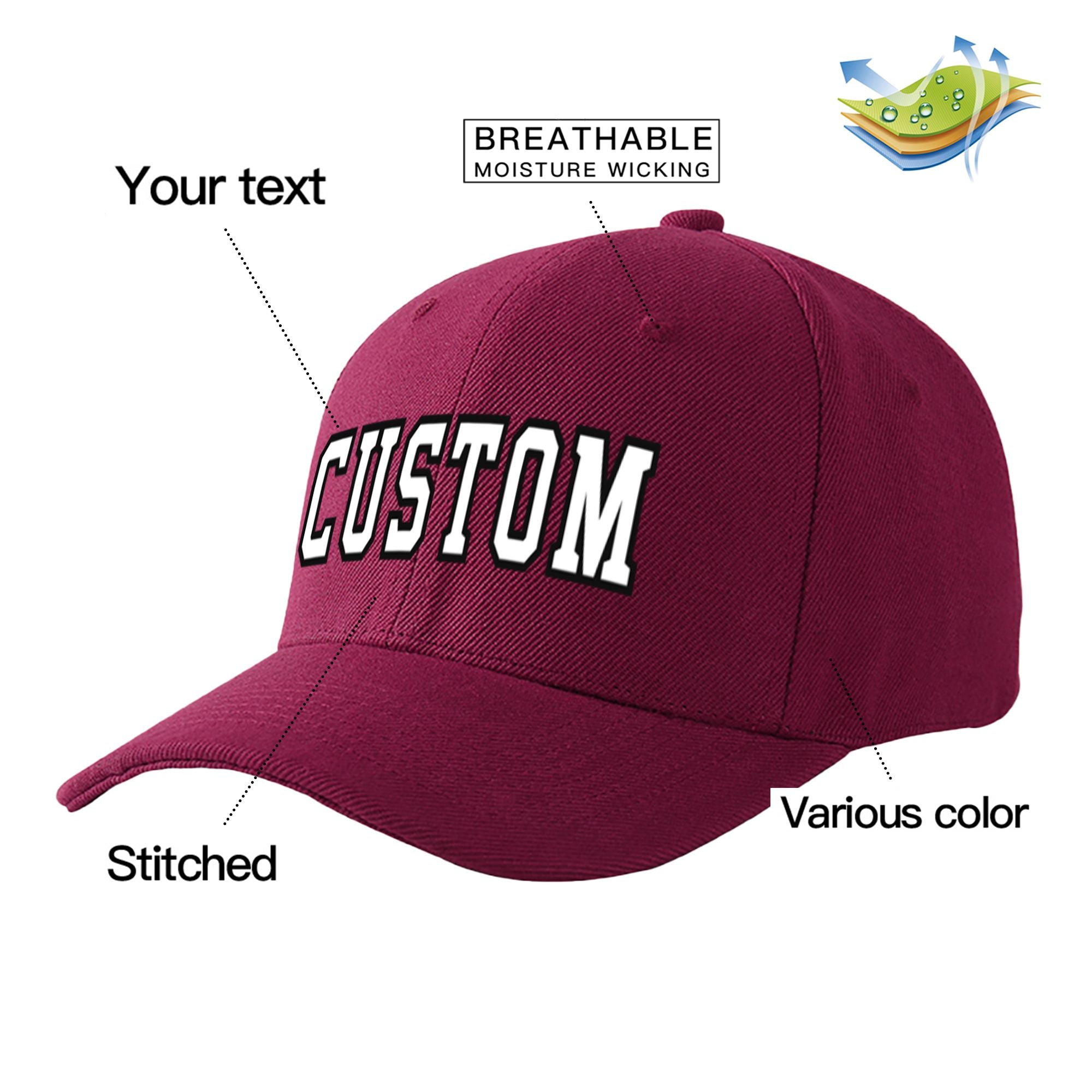 Custom Burgundy White Baseball Cap Curved Eaves Hats Vintage Design for Men/Women/Youth