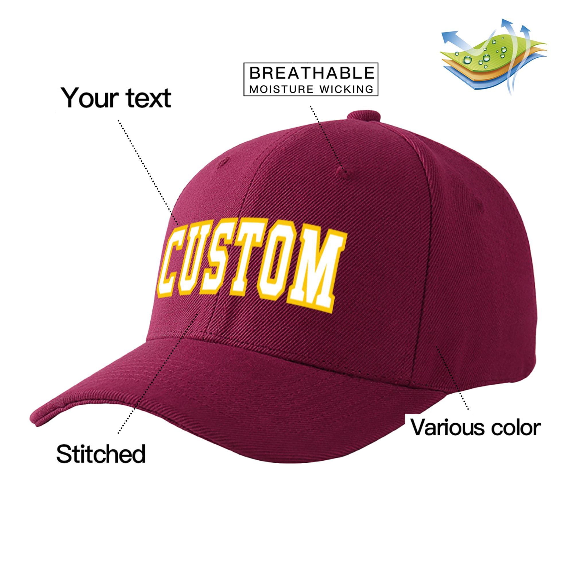 Custom Burgundy White Baseball Cap Curved Eaves Hats Vintage Design for Men/Women/Youth