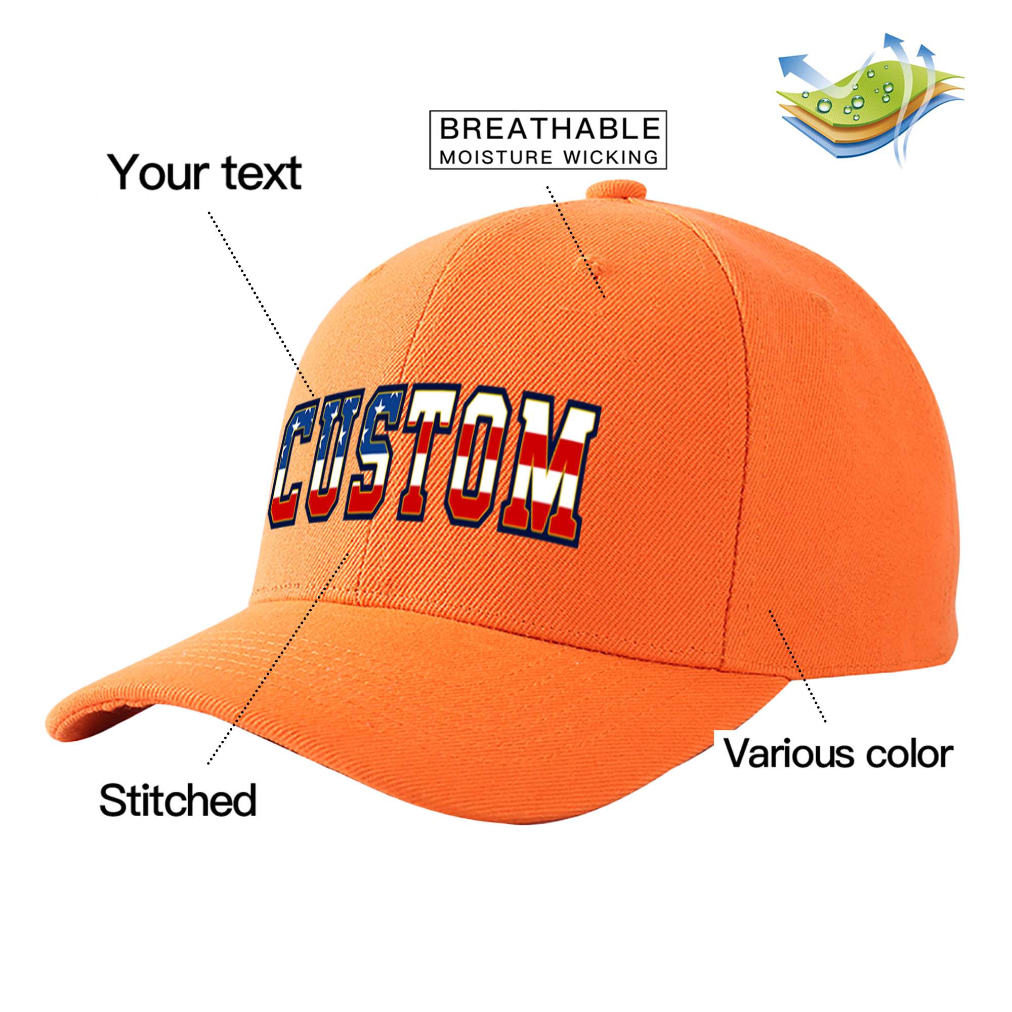 Custom Orange Usa Baseball Cap Curved Eaves Hats Vintage Design for Men/Women/Youth