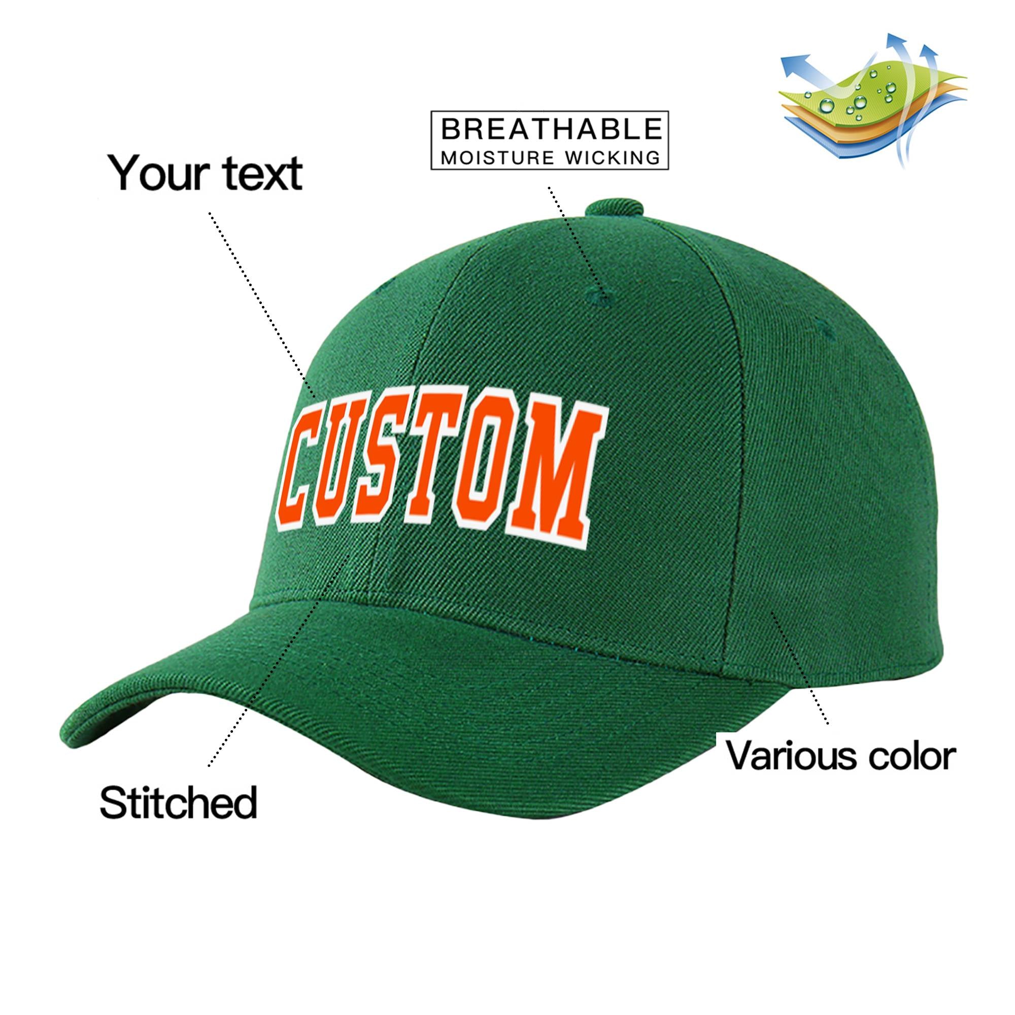 Custom Dark Green Orange Baseball Cap Curved Eaves Hats Vintage Design for Men/Women/Youth