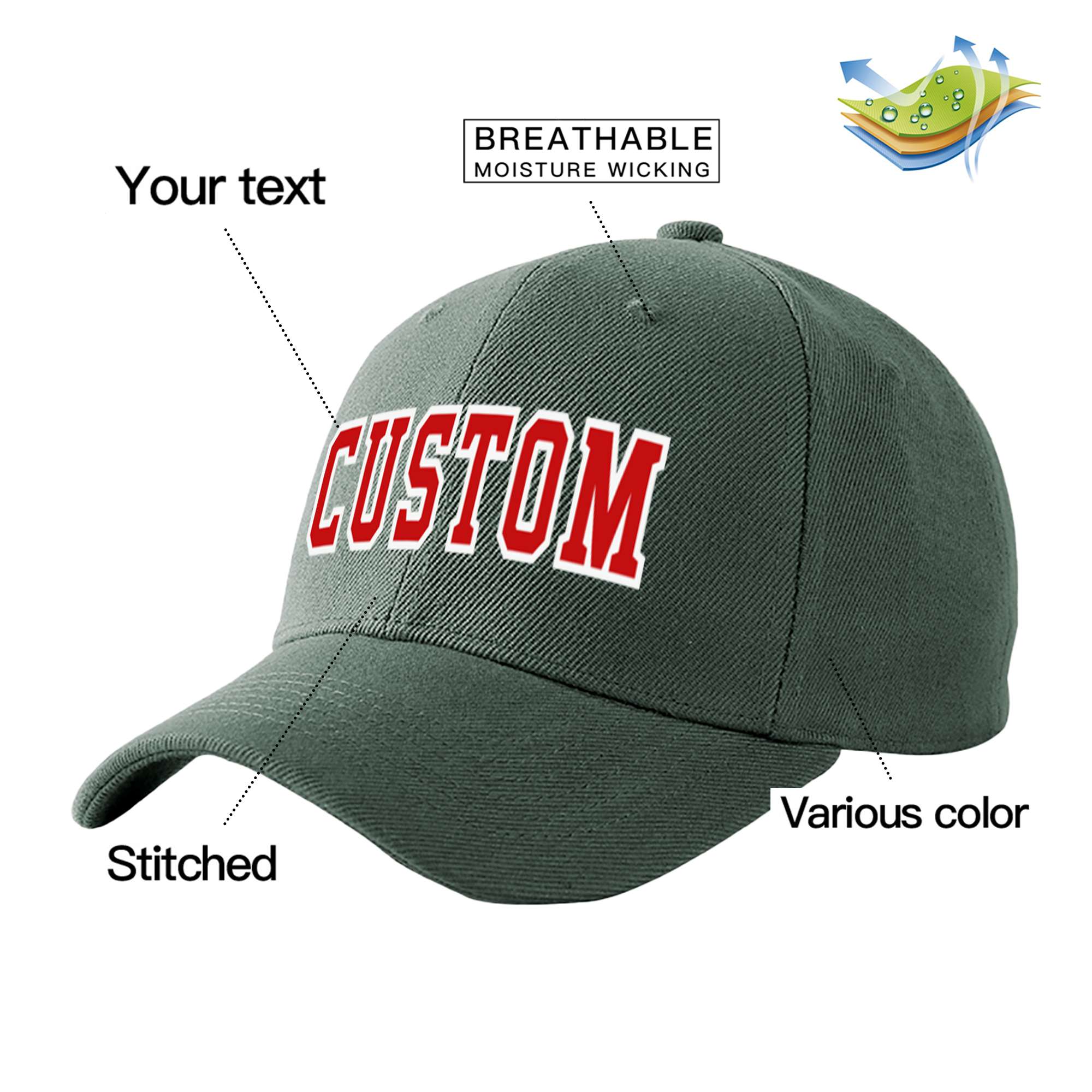 Custom Dark Gray Red Baseball Cap Curved Eaves Hats Vintage Design for Men/Women/Youth