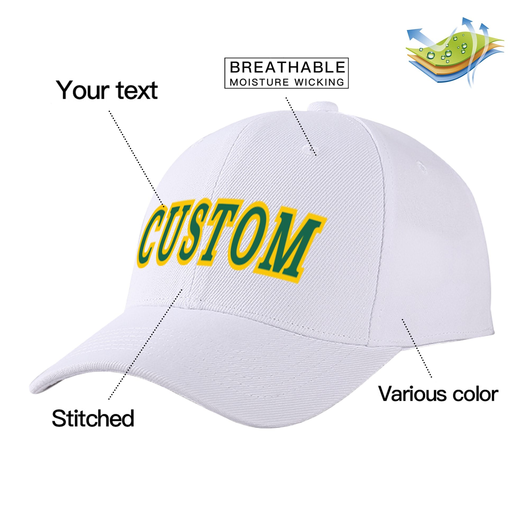 Custom White Kelly Green Baseball Cap Curved Eaves Hats Vintage Design for Men/Women/Youth